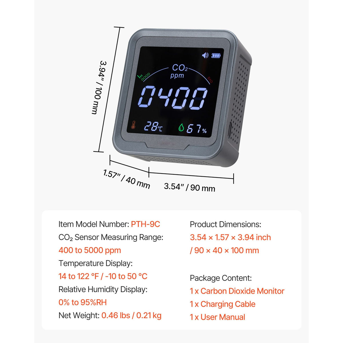 Carbon Dioxide Monitor, CO2 Controller with Temperature and Humidity Display, NDIR Sensor, Carbon Dioxide Detector for Bedside, Home, Office, Car, Lightweight & Portable