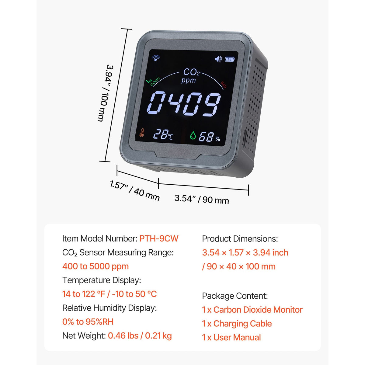 Carbon Dioxide Monitor, CO2 Controller with Temperature and Humidity Display, NDIR Sensor, CO2 Sensor for Outdoors, Home, Office, Car, Wall-Mounted Use