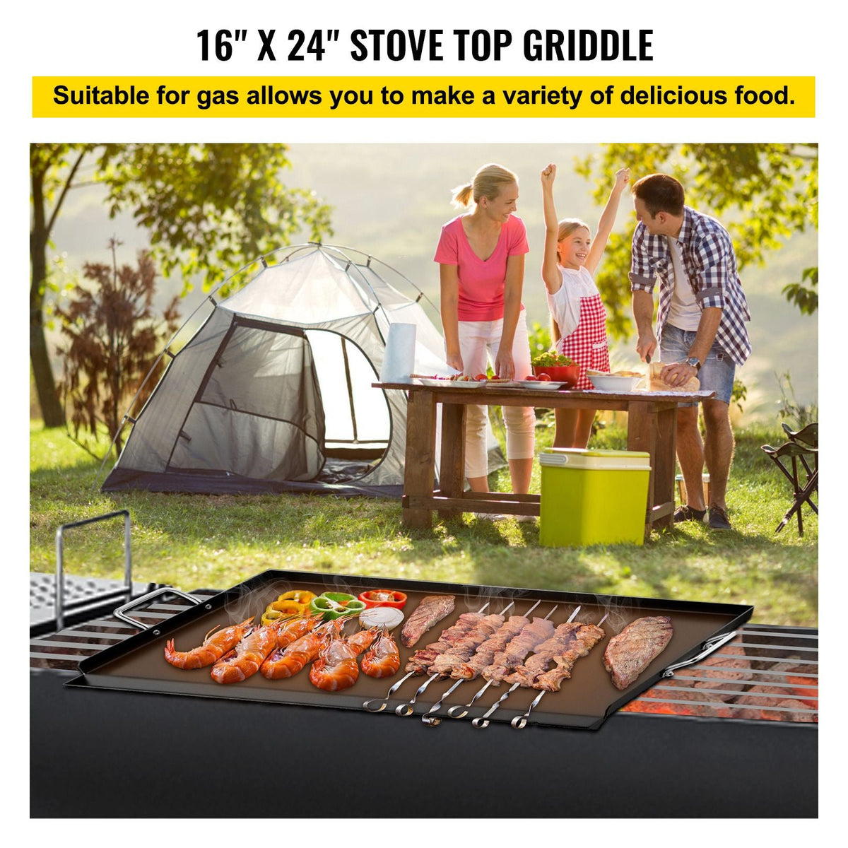 Carbon Steel Griddle, 16" x 24" Griddle Flat Top Plate, Griddle for BBQ Charcoal/Gas Gril with 2 Handles, Rectangular Flat Top Grill with Extra Drain Hole for Tailgating and Parties