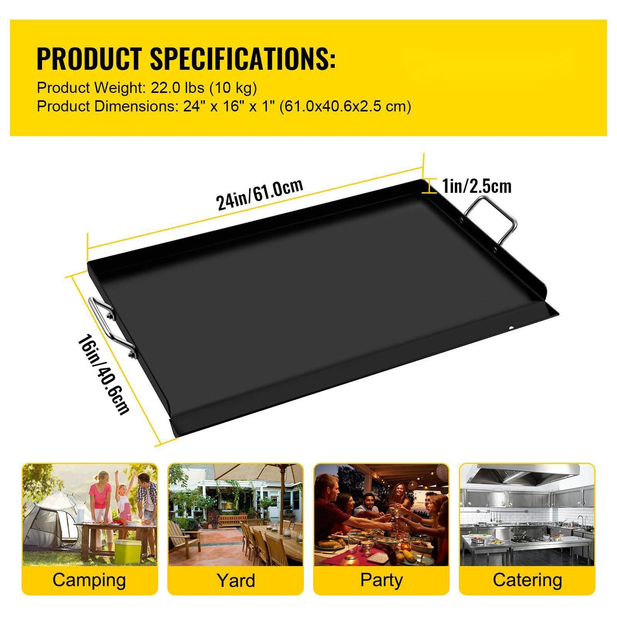 Carbon Steel Griddle, 16" x 24" Griddle Flat Top Plate, Griddle for BBQ Charcoal/Gas Gril with 2 Handles, Rectangular Flat Top Grill with Extra Drain Hole for Tailgating and Parties