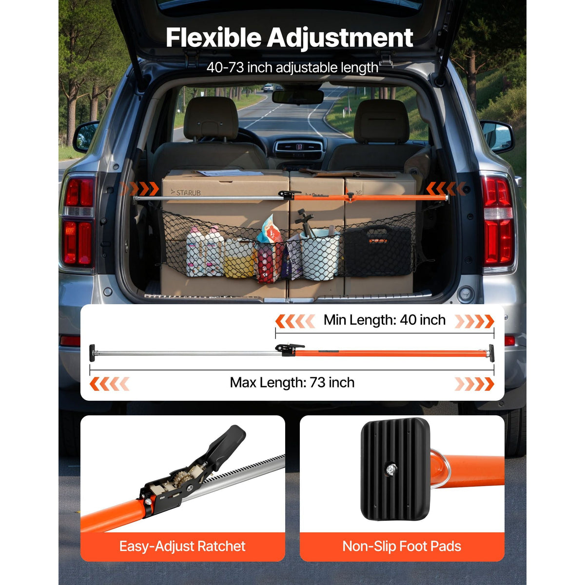 Cargo Bar, Ratcheting Cargo Bars Adjustable from 40" to 73", Heavy-duty Steel Cargos Stabilizer with Storage Net & Divider Bar, Telescoping Load Lock Bars for SUVs, Sedans