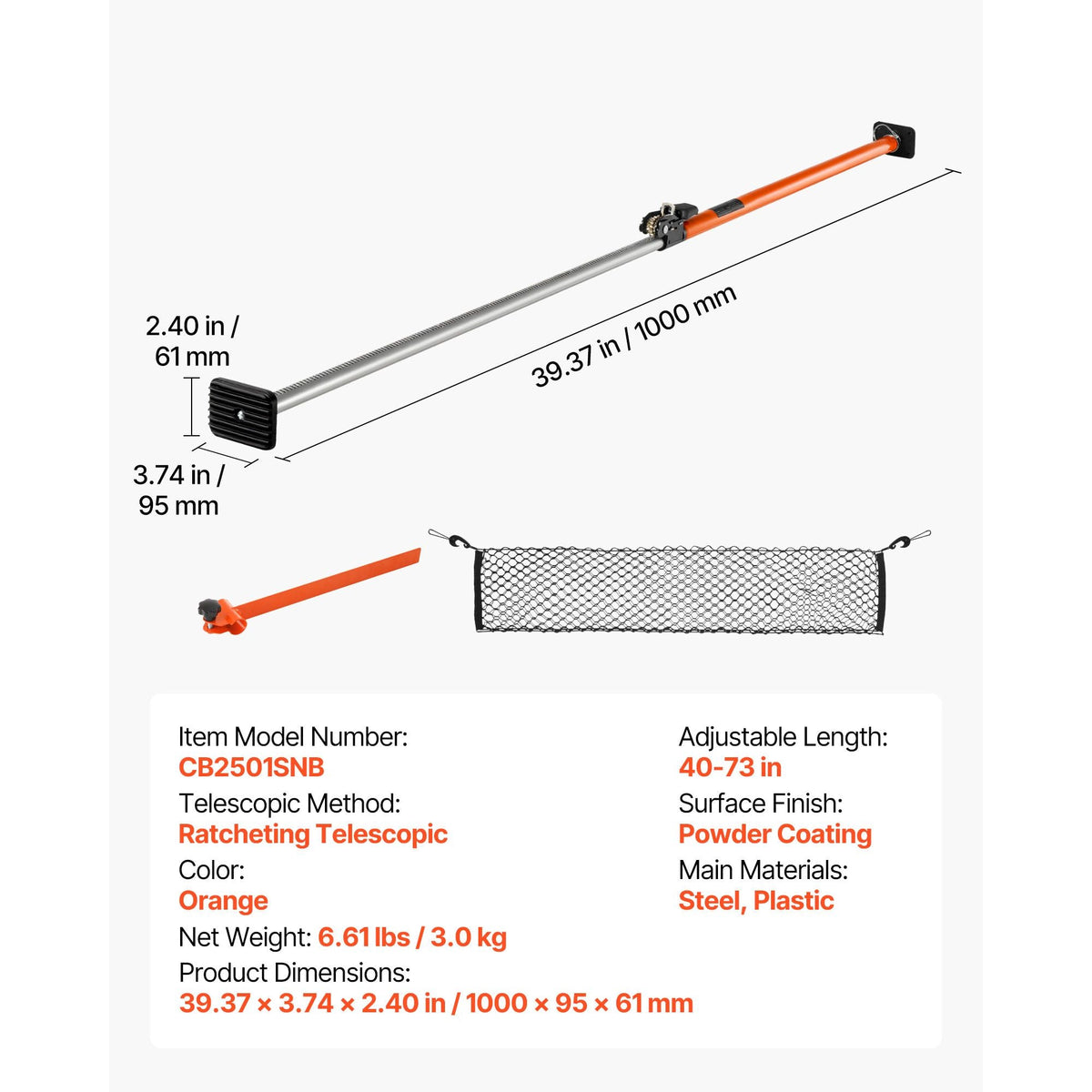 Cargo Bar, Ratcheting Cargo Bars Adjustable from 40" to 73", Heavy-duty Steel Cargos Stabilizer with Storage Net & Divider Bar, Telescoping Load Lock Bars for SUVs, Sedans