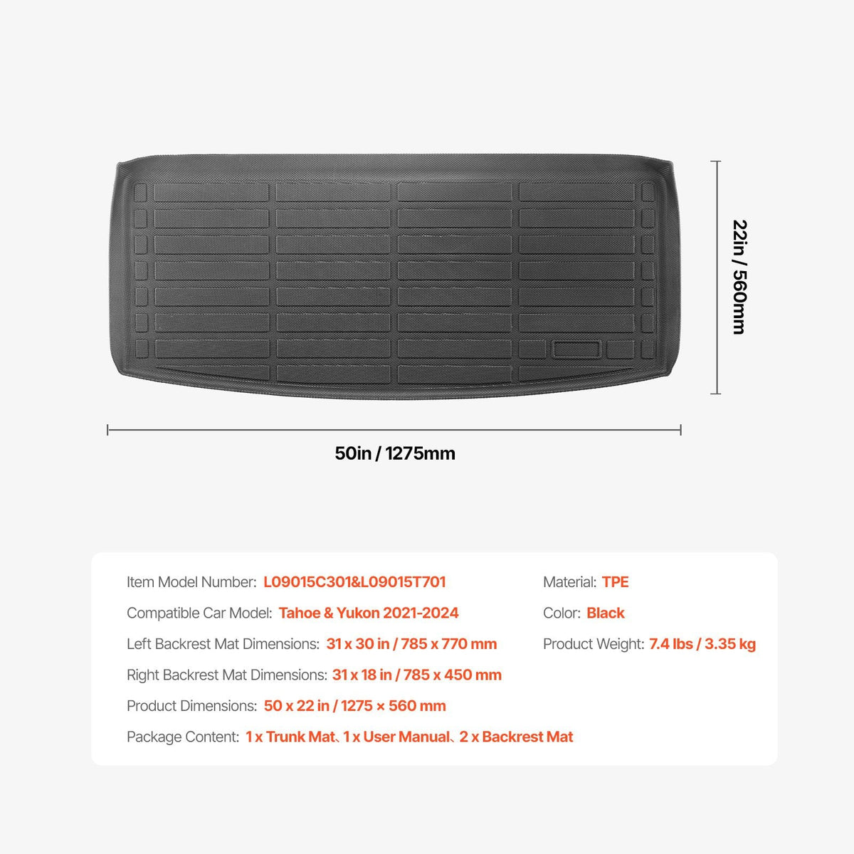Cargo Mats Compatible Chevrolet Tahoe & GMC Yukon 2021-2024, Custom Fit TPE Cargo Liner Set for SUVs, Trunk and Rear Back Seat Protector Replacement, Trunk Mat and Backrest Mats