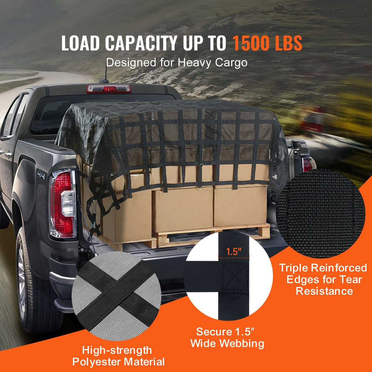Cargo Net, 120 in x 105 in, Heavy Duty Truck Cargo Net for Truck Bed, 4 Adjustable Straps with Carabiners & S-Hooks, Wear-resistant & Weather-proof, Suitable for Pickup, Truck, Jeep, SUV, Boat