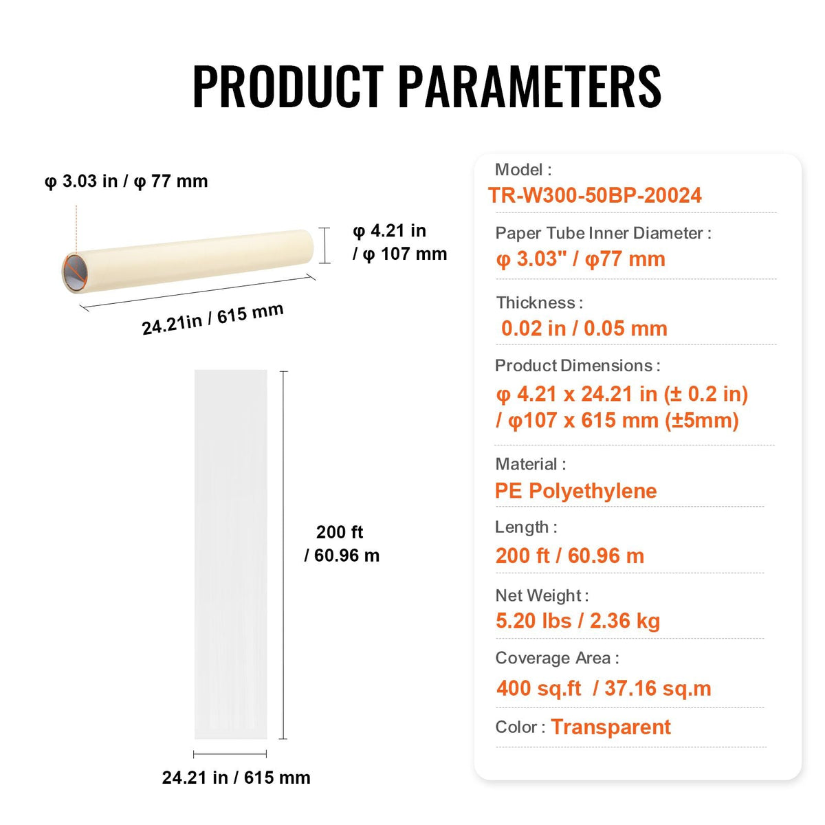 Carpet Protection Film, 24" x 200' Floor and Surface Shield with Self Adhesive Backing & Easy Installation, Polyethylene Adhesive Car Mat Protector Roll for Construction & Renovation