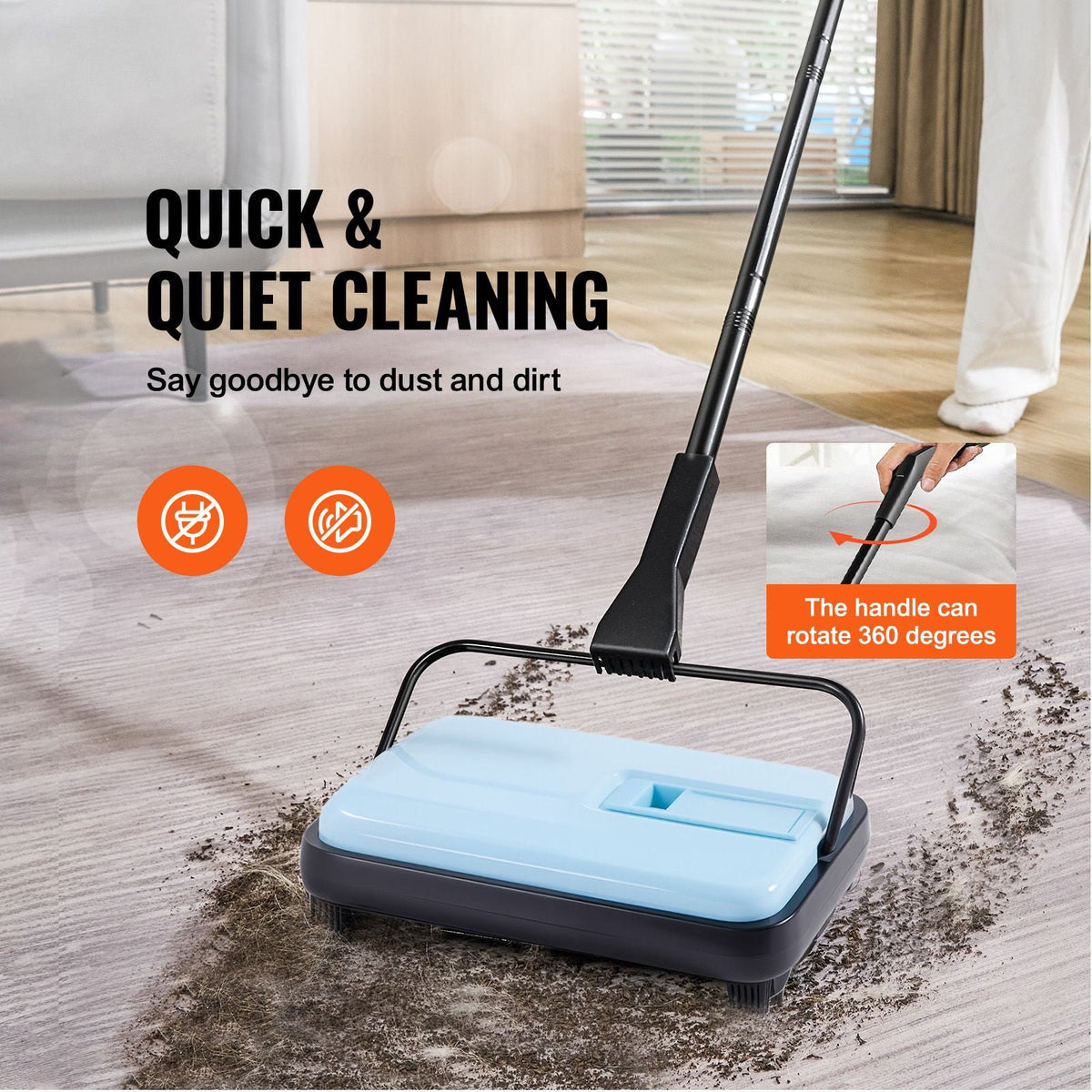 Carpet Sweeper Manual, Floor Sweeper with 300 ml Dustbin Capacity Easy to Empty, 6.7 inch Cleaning Width for Home Office Carpets Pet Hair Dust, Blue