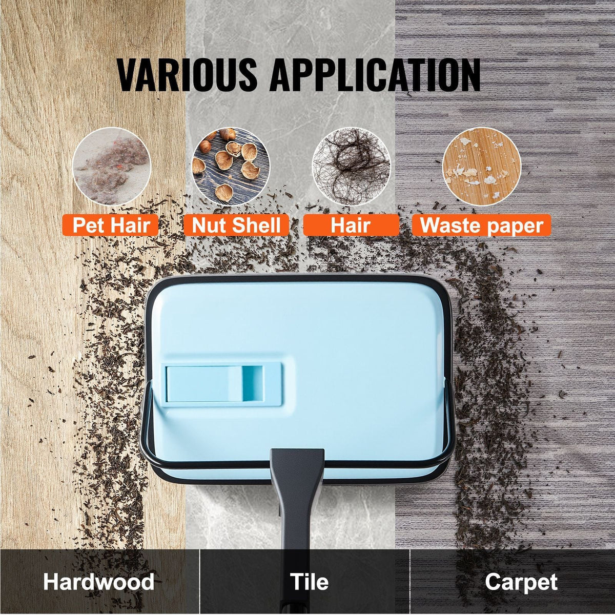 Carpet Sweeper Manual, Floor Sweeper with 300 ml Dustbin Capacity Easy to Empty, 6.7 inch Cleaning Width for Home Office Carpets Pet Hair Dust, Blue