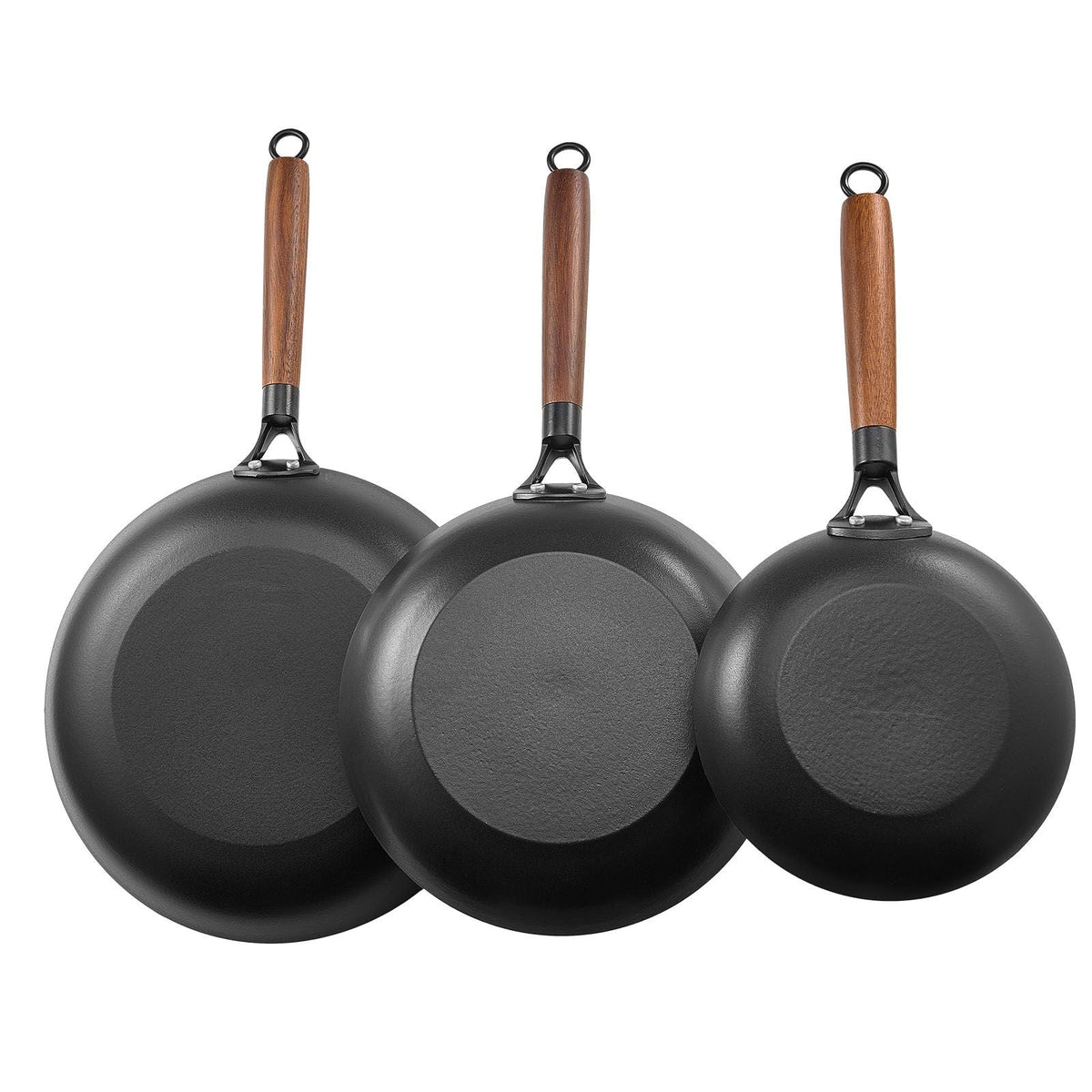Cast Iron Skillet, 3-Piece Frying Pan Set (8, 10, 12 in), Nonstick Skillets with Detachable Wood Handle, Pre-Seasoned Chef's Pan, Kitchen Cookware for Gas, Electrical, and Induction, Black