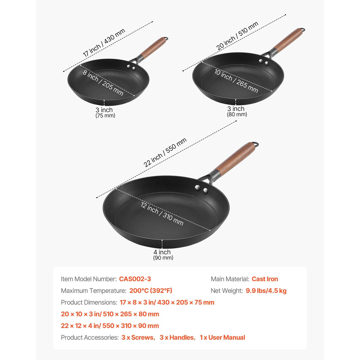 Cast Iron Skillet, 3-Piece Frying Pan Set (8, 10, 12 in), Nonstick Skillets with Detachable Wood Handle, Pre-Seasoned Chef's Pan, Kitchen Cookware for Gas, Electrical, and Induction, Black