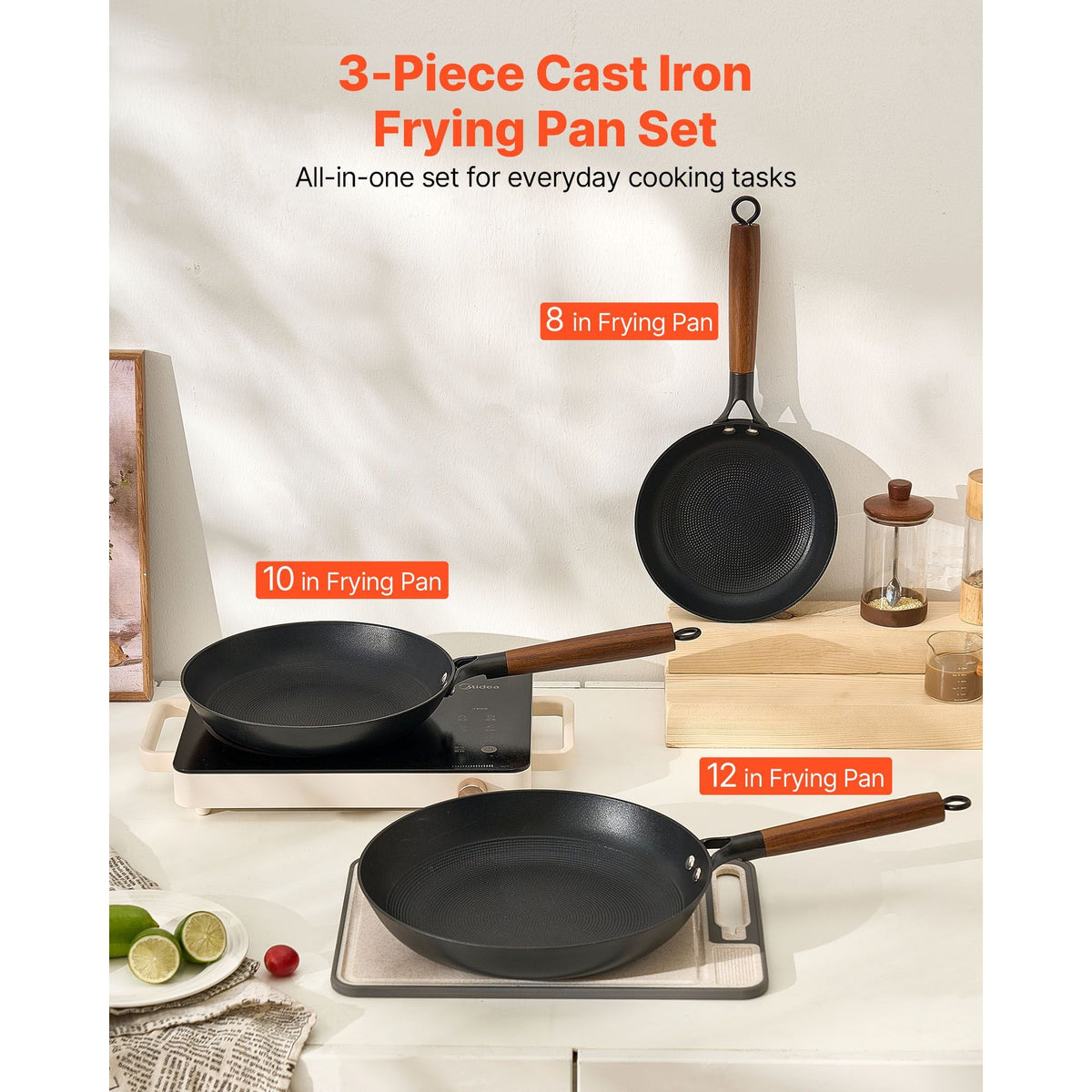Cast Iron Skillet, 3-Piece Frying Pan Set (8, 10, 12 in), Nonstick Skillets with Detachable Wood Handle, Pre-Seasoned Chef's Pan, Kitchen Cookware for Gas, Electrical, and Induction, Black