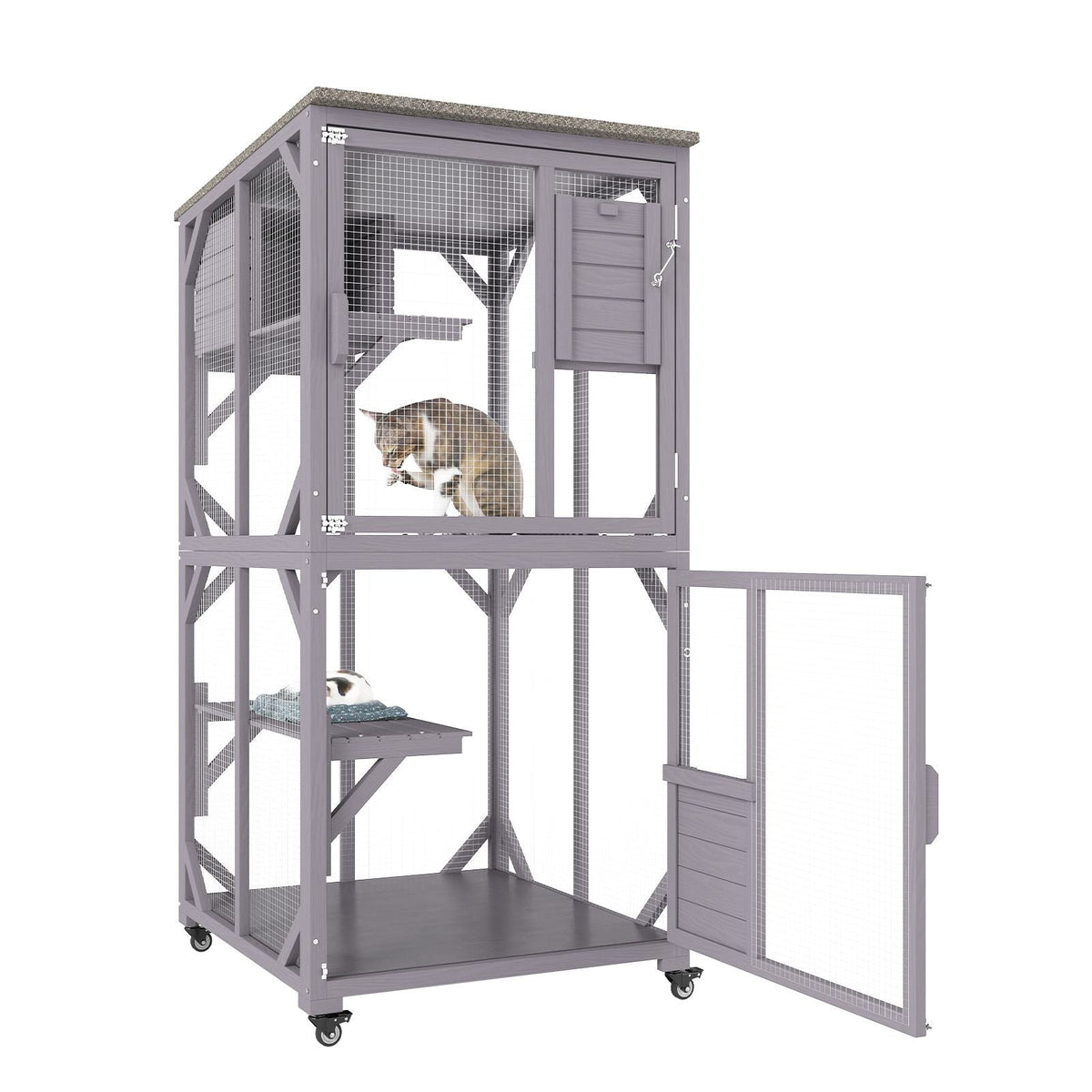 Cat House Outdoor, 3-Tier Large Catio, Cat Enclosure with 360° Rotating Casters, 2 Platforms, A Resting Box and Large Front Door, 29.9 x 34 x 64.1 inch