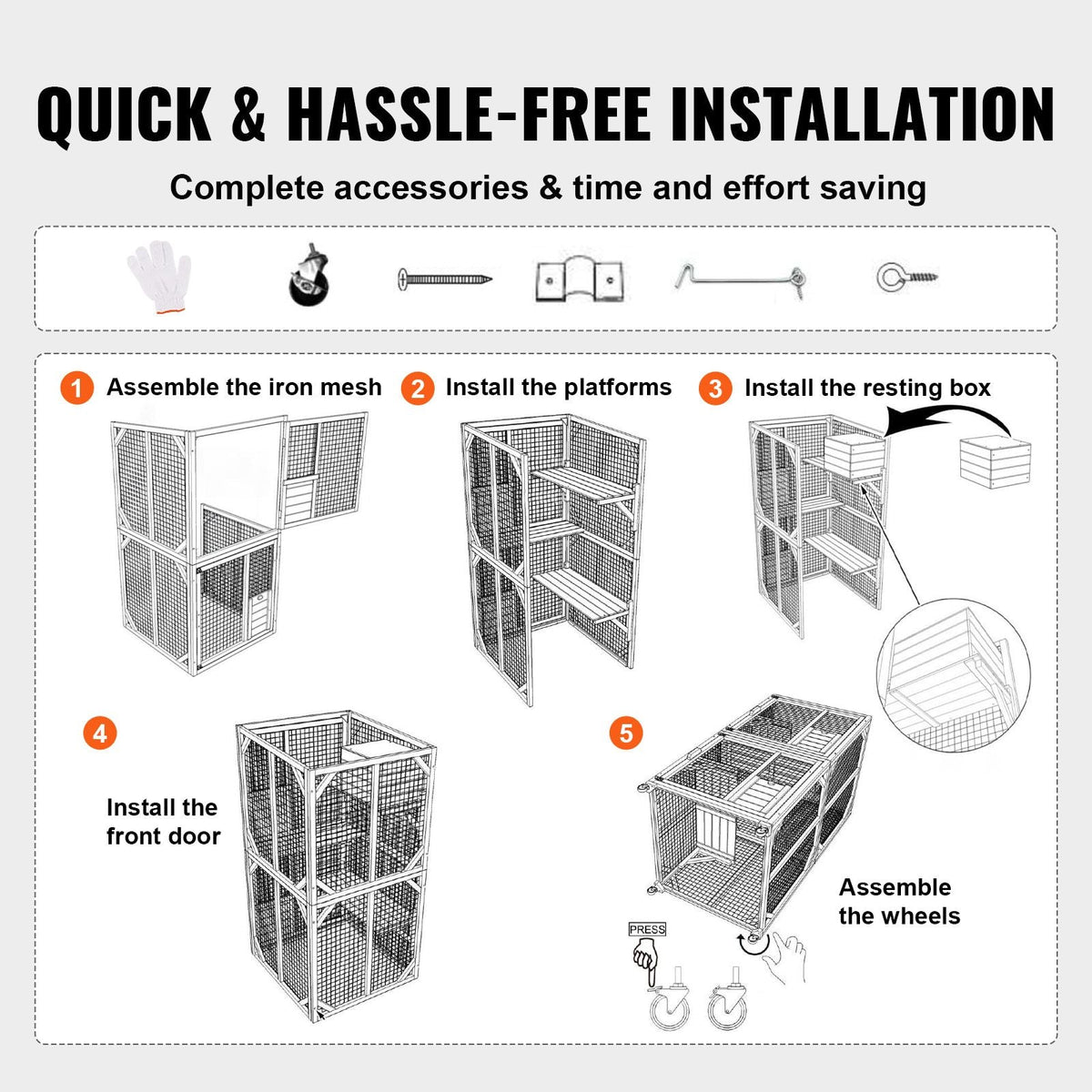 Cat House Outdoor, 3-Tier Large Catio, Cat Enclosure with 360° Rotating Casters, 2 Platforms, A Resting Box and Large Front Door, 29.9 x 34 x 64.1 inch