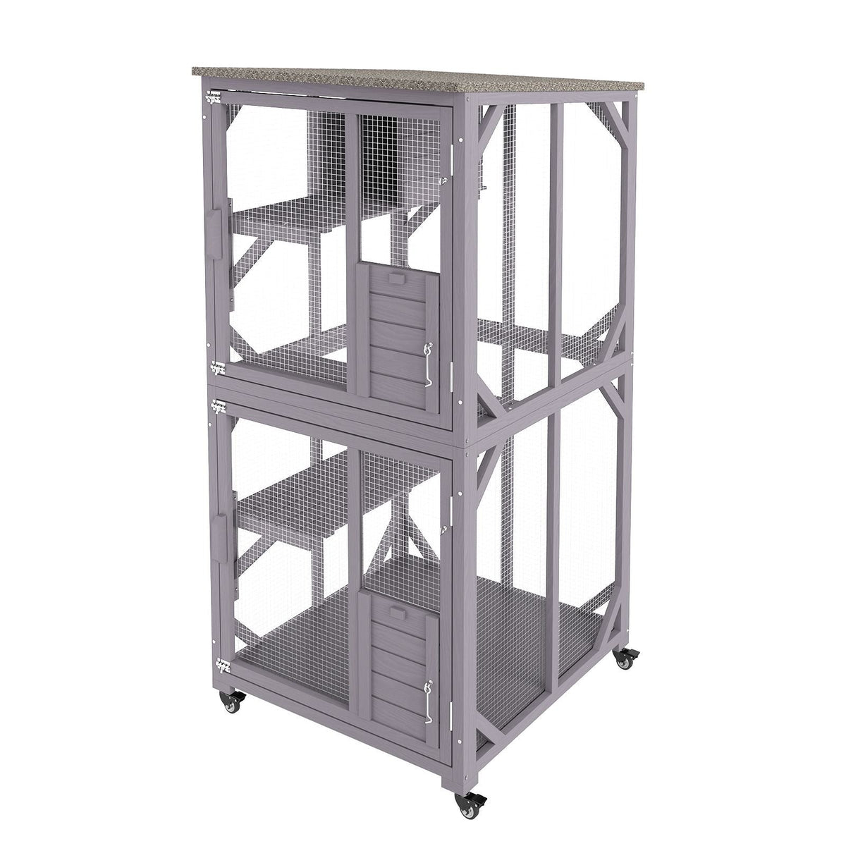 Cat House Outdoor, 3-Tier Large Catio, Cat Enclosure with 360° Rotating Casters, 2 Platforms, A Resting Box and Large Front Door, 29.9 x 34 x 64.1 inch