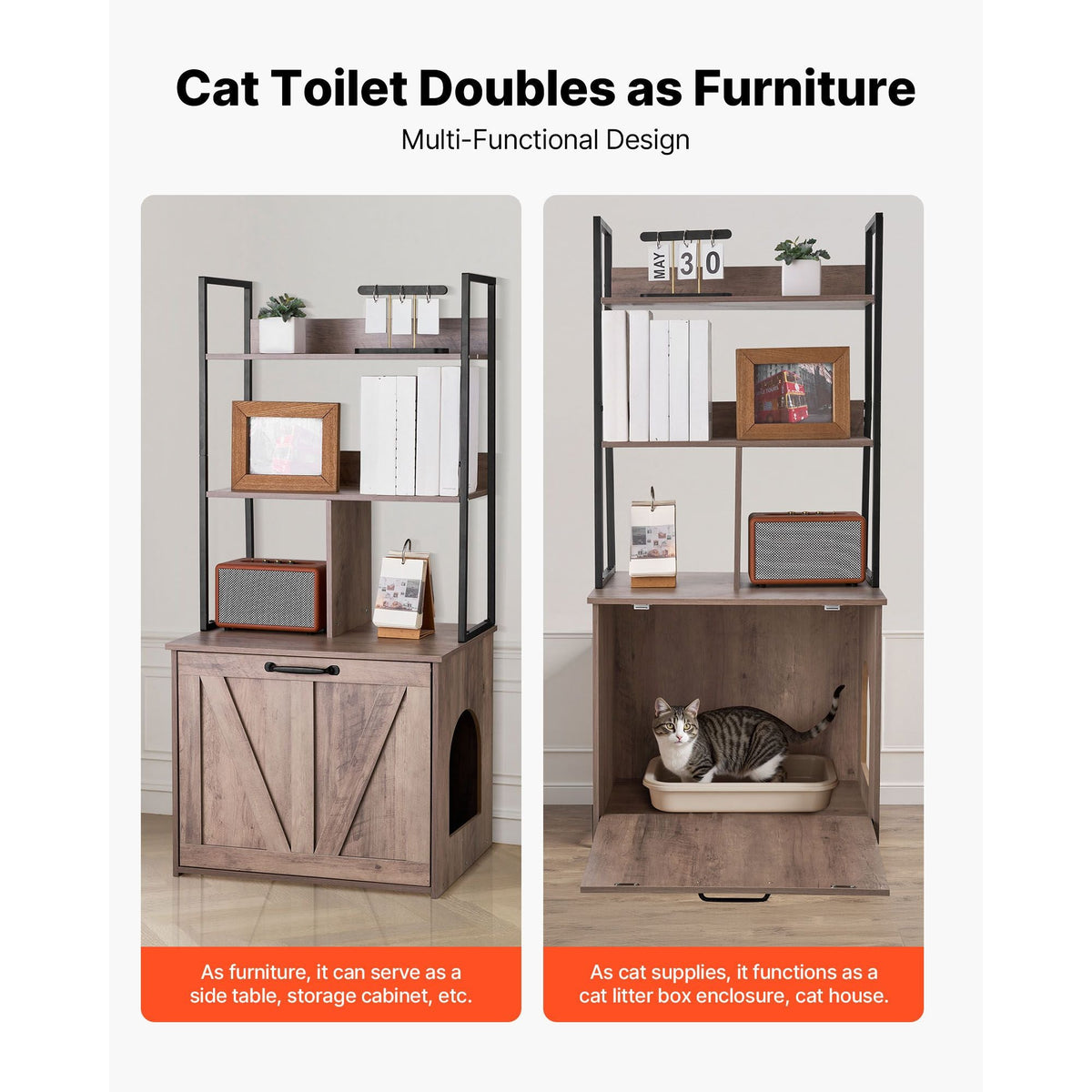 Cat Litter Box Enclosure Furniture, 23.6 in Hidden Litter Box Cabinet with Storage Shelves, Modern Style, Waterproof Cat Washroom Side Table Cat House, Fit Most of Litterbox, for Living Room