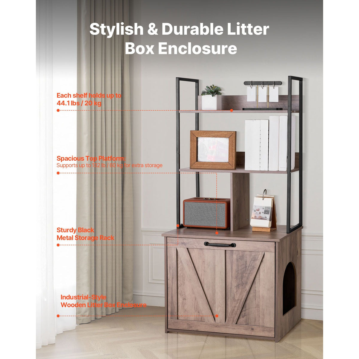 Cat Litter Box Enclosure Furniture, 23.6 in Hidden Litter Box Cabinet with Storage Shelves, Modern Style, Waterproof Cat Washroom Side Table Cat House, Fit Most of Litterbox, for Living Room