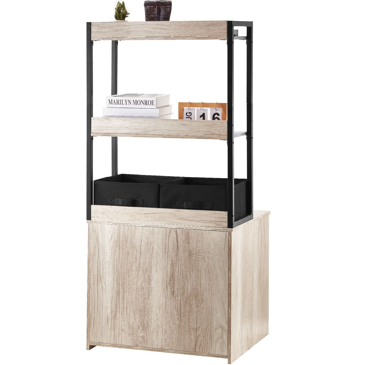 Cat Litter Box Enclosure, Hidden Litter Box Furniture with 2 Storage Shelves & 2 Baskets, Wooden Cat Washroom Indoor, Cat House Cabinet Fit Most of Litter Box, 23.6"L x 19.7"W x 50"H, Natural