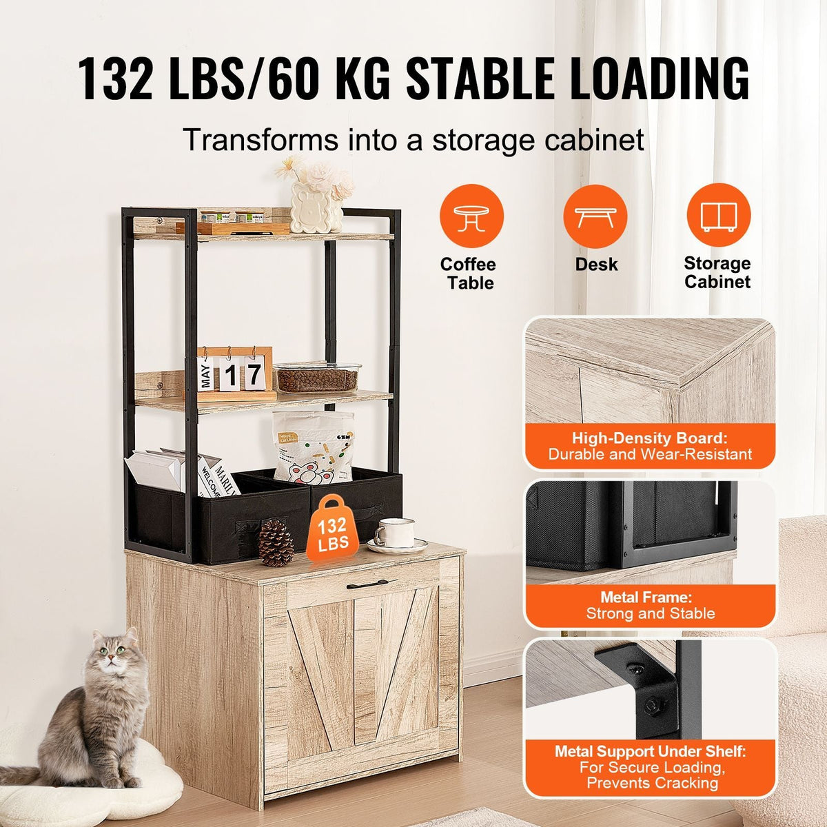 Cat Litter Box Enclosure, Hidden Litter Box Furniture with 2 Storage Shelves & 2 Baskets, Wooden Cat Washroom Indoor, Cat House Cabinet Fit Most of Litter Box, 23.6"L x 19.7"W x 50"H, Natural