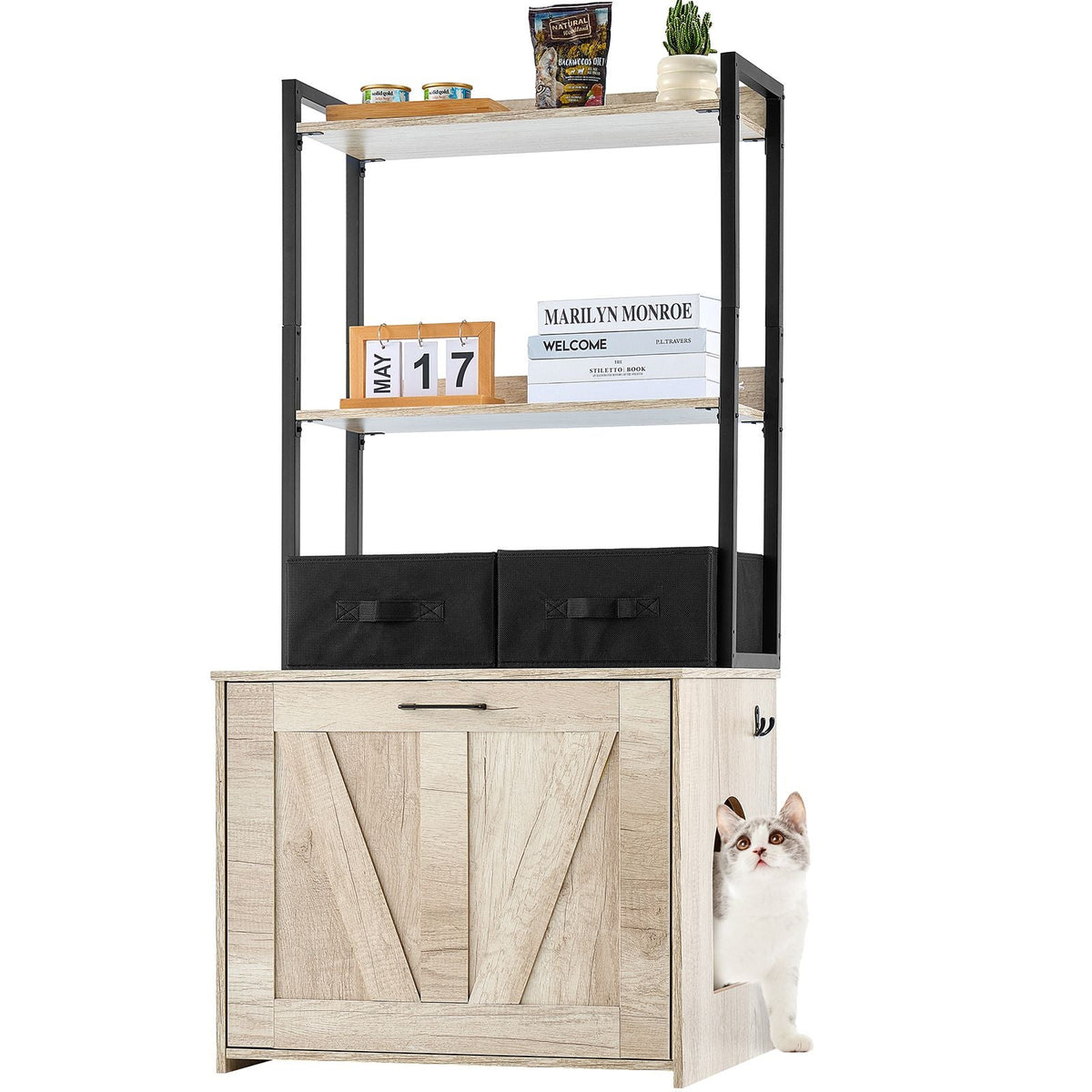 Cat Litter Box Enclosure, Hidden Litter Box Furniture with 2 Storage Shelves & 2 Baskets, Wooden Cat Washroom Indoor, Cat House Cabinet Fit Most of Litter Box, 23.6"L x 19.7"W x 50"H, Natural