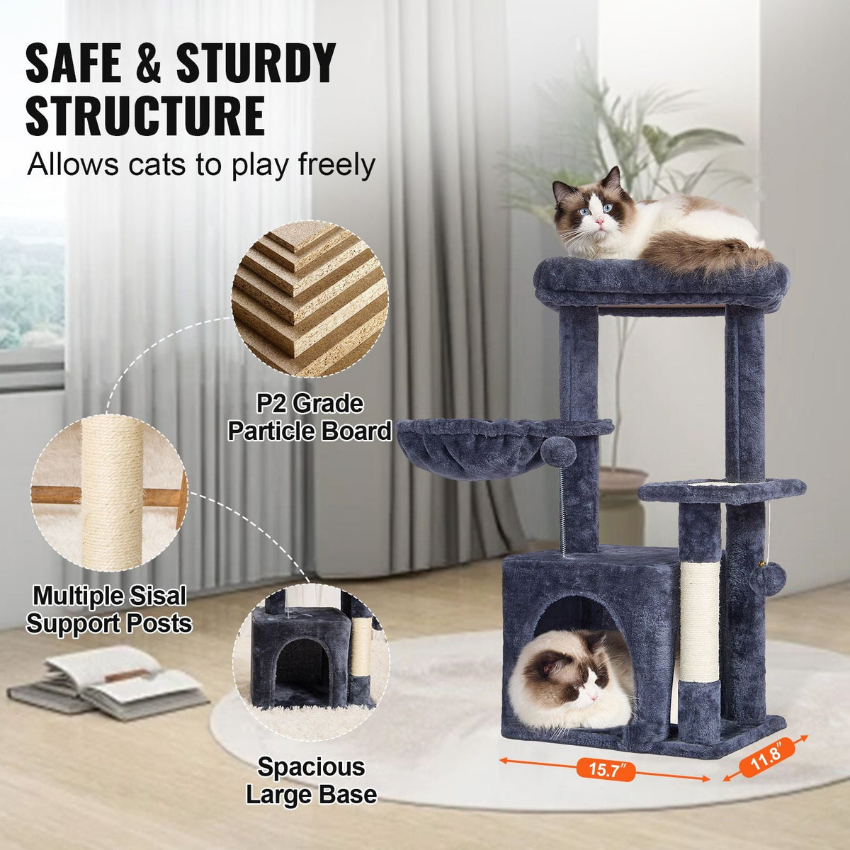 Cat Tree for Indoor Cats, 31.4" Cat Tower with Cat Condo, Sisal Scratching Post, Hammock, Top Perch, Jumping Platform, Cat House with Hang Ball, Cat Furniture Activity Center, Dark Grey