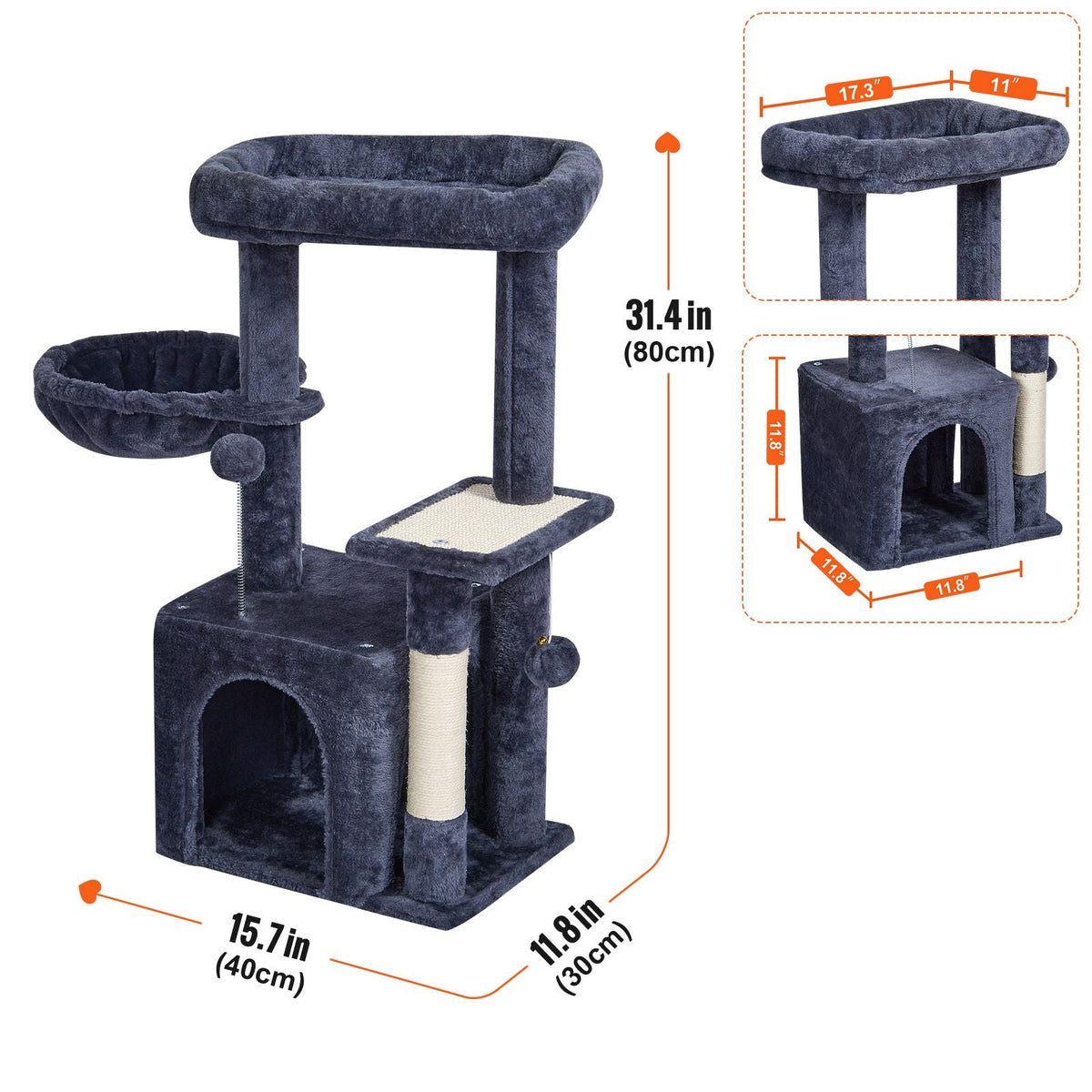 Cat Tree for Indoor Cats, 31.4" Cat Tower with Cat Condo, Sisal Scratching Post, Hammock, Top Perch, Jumping Platform, Cat House with Hang Ball, Cat Furniture Activity Center, Dark Grey