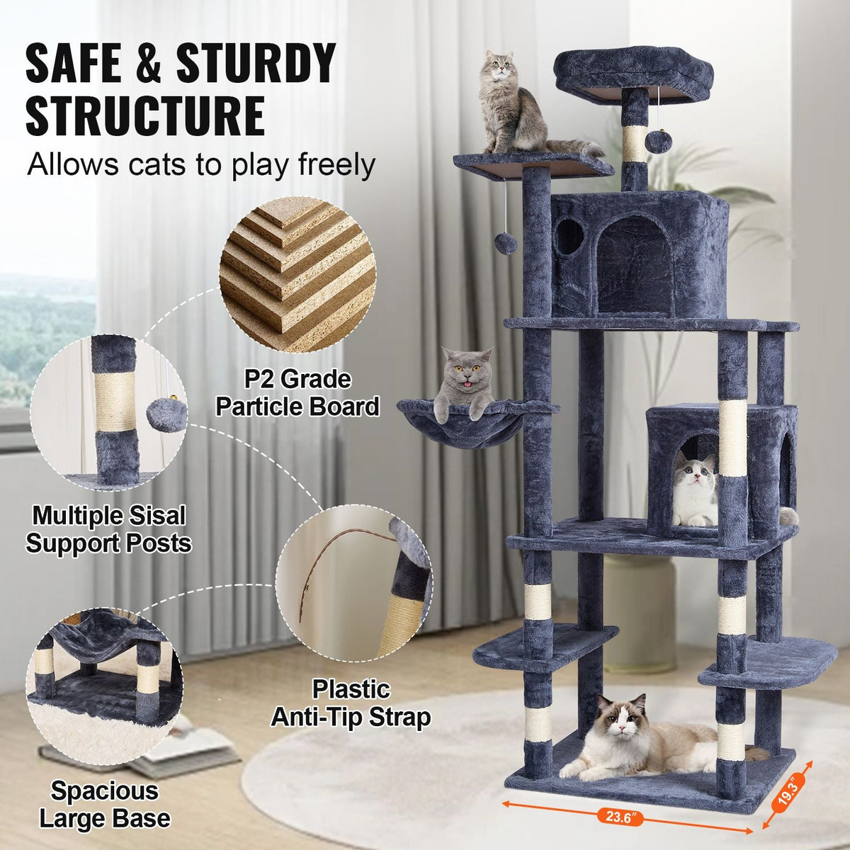 Cat Tree for Indoor Cats, 68.5" Cat Tower with 2 Cat Condos, Sisal Scratching Post, Hammock, Top Perch, Jumping Platforms, Large Cat Furniture Activity Center with Hang Ball, Dark Grey