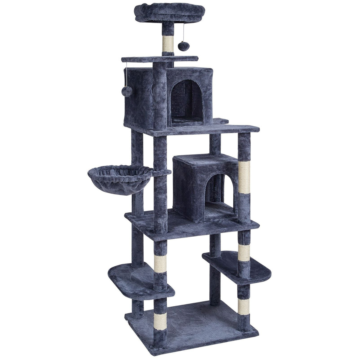 Cat Tree for Indoor Cats, 68.5" Cat Tower with 2 Cat Condos, Sisal Scratching Post, Hammock, Top Perch, Jumping Platforms, Large Cat Furniture Activity Center with Hang Ball, Dark Grey