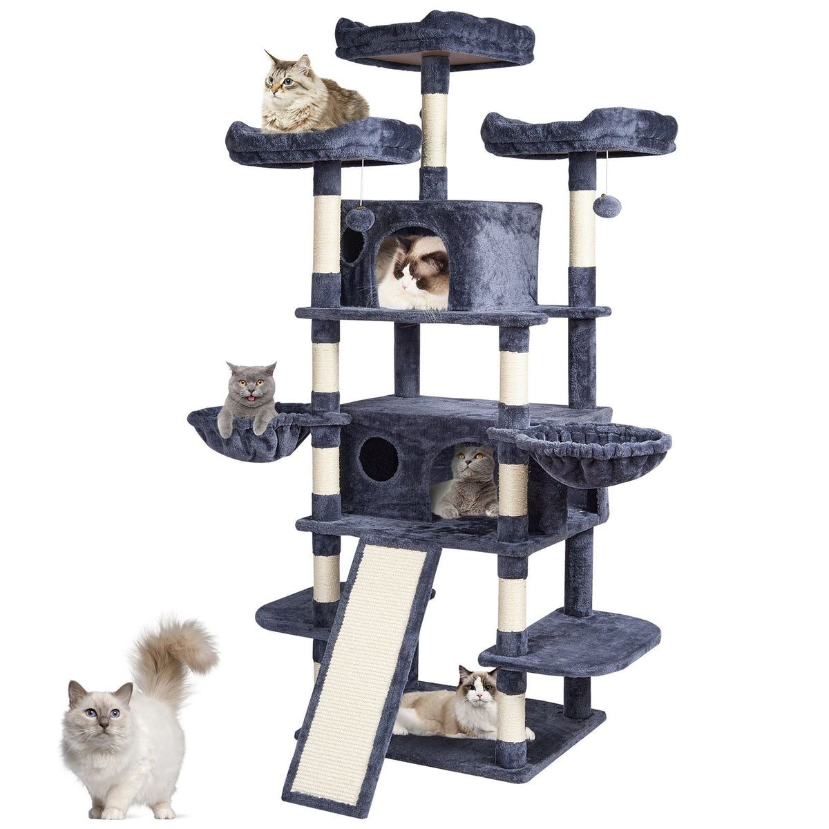 Cat Tree for Indoor Cats, 68.5" Cat Tower with 2 Cat Condos, Sisal Scratching Post, Hammocks, Top Perches, Jumping Platforms and Ramp, Cat Furniture Activity Center with Hang Balls, Dark Grey