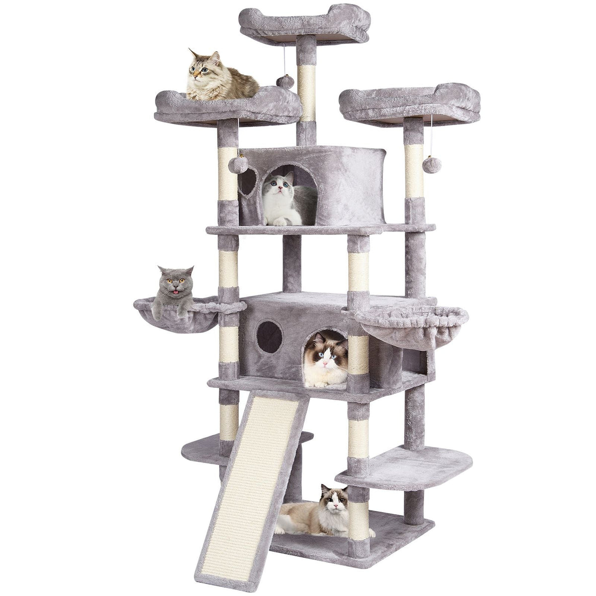 Cat Tree for Indoor Cats, 68.5" Cat Tower with 2 Cat Condos, Sisal Scratching Post, Hammocks, Top Perches, Jumping Platforms and Ramp, Cat Furniture Activity Center with Hang Balls, Light Grey