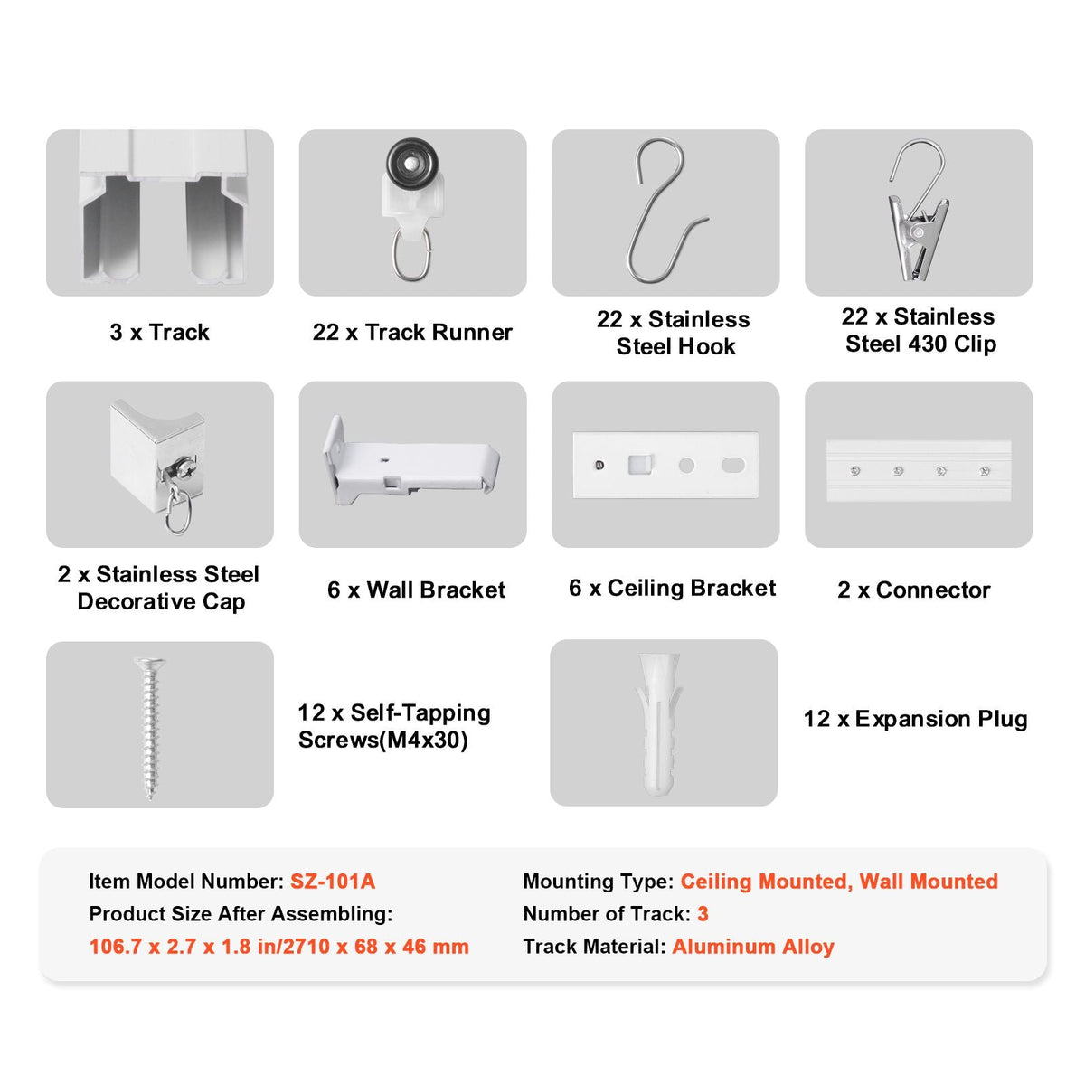 Ceiling Curtain Track Set, 8.9 FT/2.7 Meter, Sliding Ceiling Track System for Curtains, Room Divider Curtain Track Ceiling/Wall Mounted for Living Room Bedroom with Hooks and Hardware, White