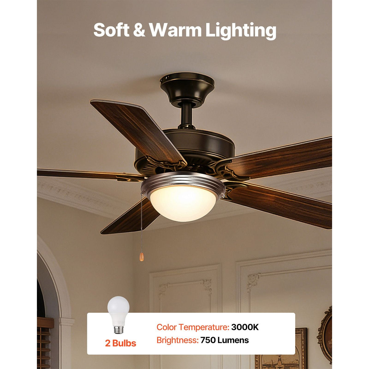 Ceiling Fan Light Kit, 750lm 3000K Fan Light Kit with Pull Chain, 2 LED Bulbs, Modern Replacement Fixture for Living Room, Dining Room, Bedroom, Frosted Milk Glass Shade Brushed Nickel Finish