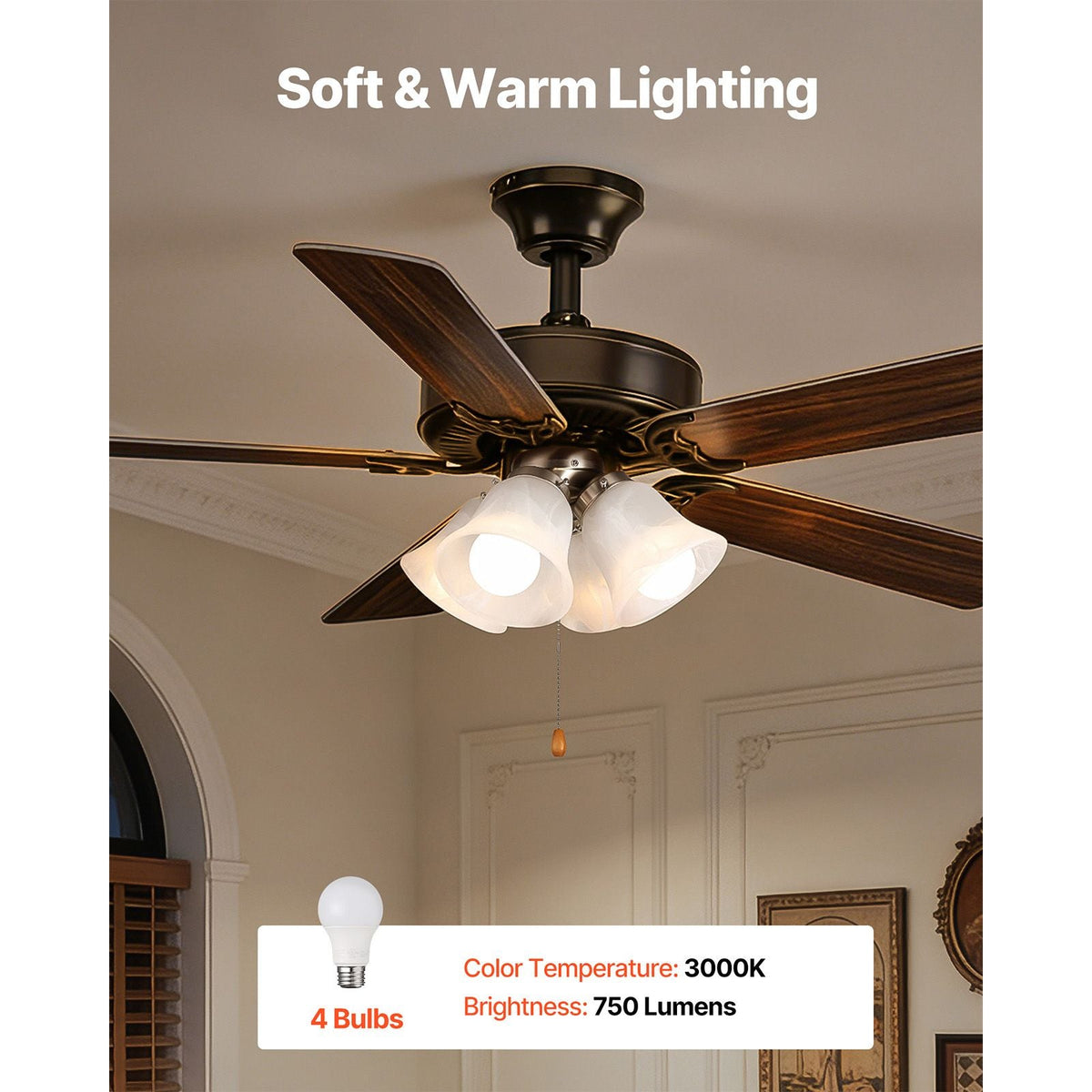 Ceiling Fan Light Kit, Four-Light 3000K 750lm Fan Light Kit with Pull Chain, Replacement Light Fixture for Living Room, Bedroom, Home Decor, Cloud White Glass Shade Brushed Nickel, Floral Shape