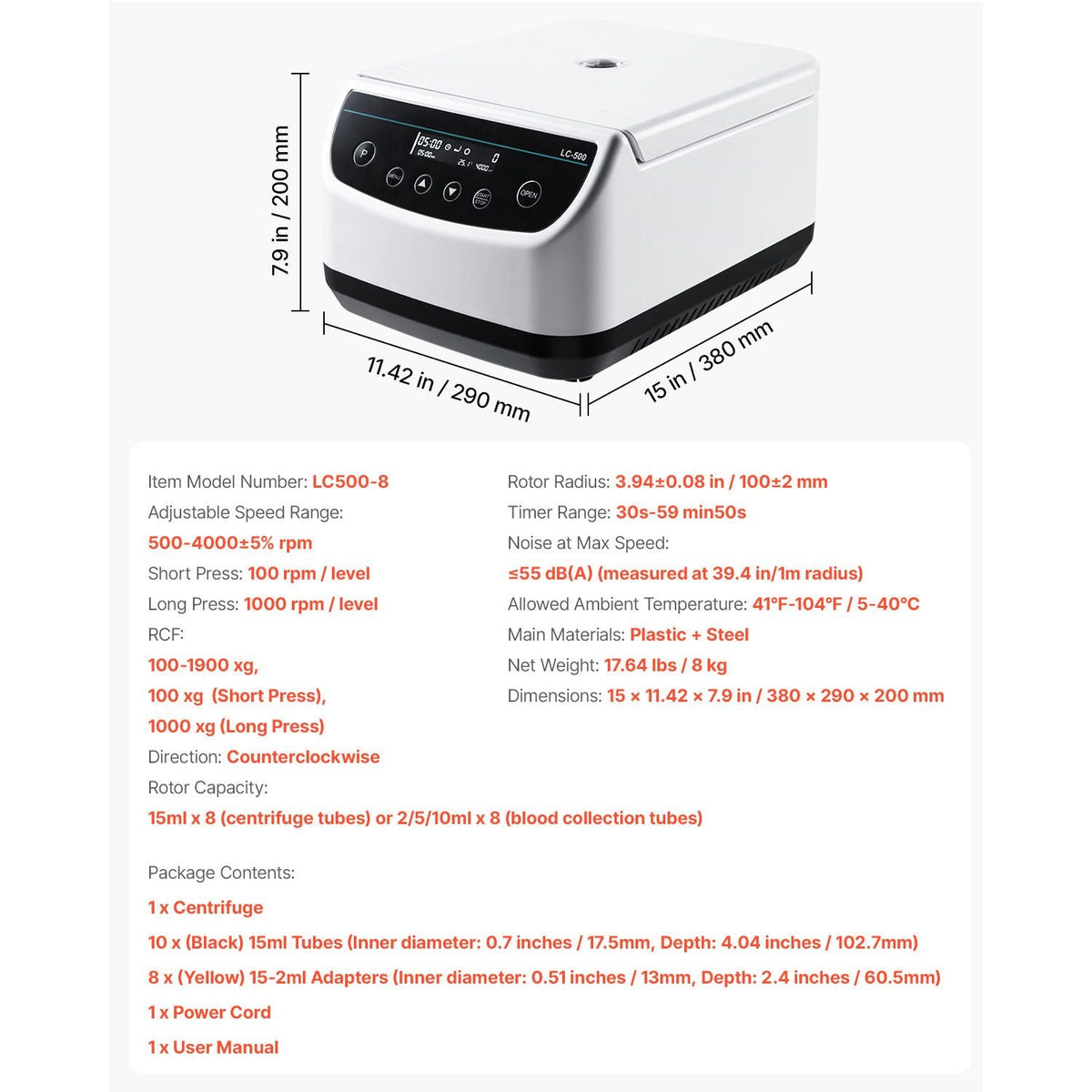 Centrifuge Machine, 100-1900xg RCF Electric Laboratory Centrifuge Machine with 1 Rotor for 2/5/10/15ml Tube Capacity, Low Speed 500-4000rpm with Timer, Widely Used in Various Experiments