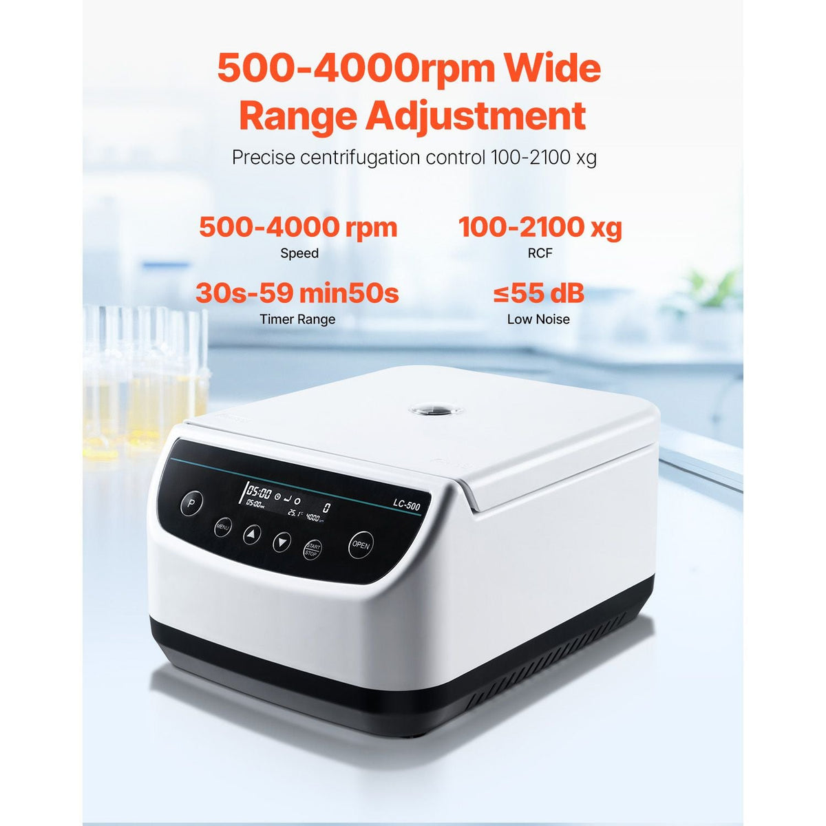 Centrifuge Machine, 100-2100xg RCF Electric Laboratory Centrifuge Machine with 1 Rotor for 2/5/10/15/50ml Tube Capacity, Low Speed 500-4000rpm with Timer, Widely Used in Various Experiments