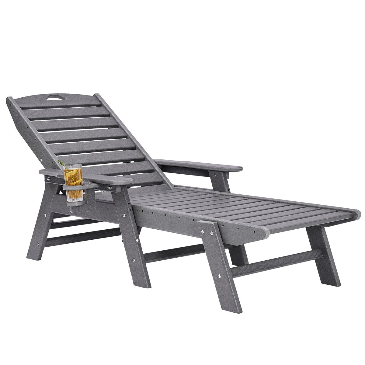 Chaise Lounge Chair, 400 lbs Weight Capacity, 6 Positions Adjustable Patio Lounge Chair, Outdoor HDPE Lounge Chair with Backrest & Cup Holder, for Pool Poolside Deck Backyard Lawn, Gray