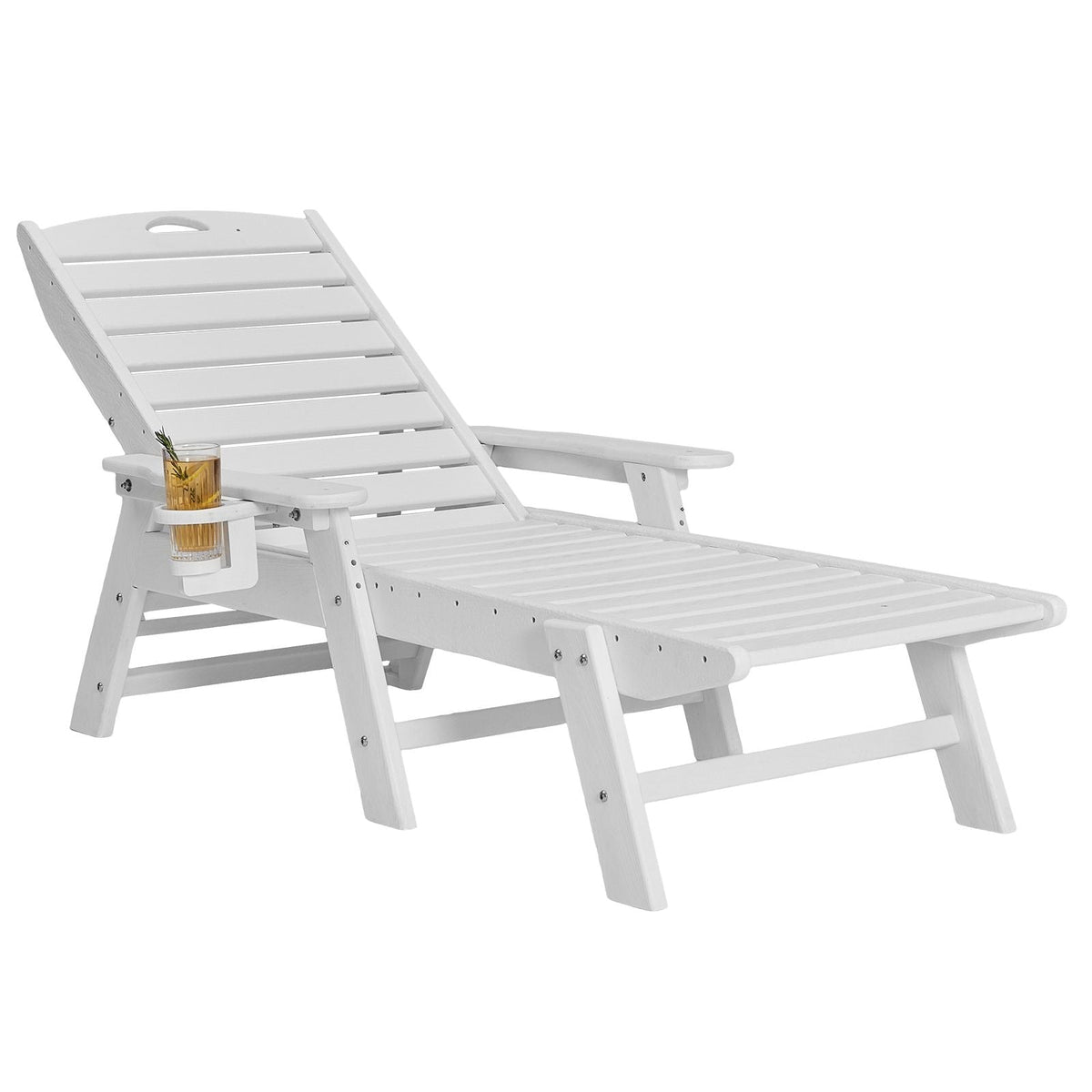 Chaise Lounge Chair, 400 lbs Weight Capacity, 6 Positions Adjustable Patio Lounge Chair, Outdoor HDPE Lounge Chair with Backrest & Cup Holder, for Pool Poolside Deck Backyard Lawn, White