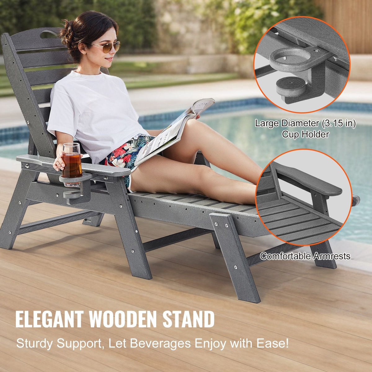 Chaise Lounge Chair, 450 lbs Weight Capacity, Adjustable Patio Lounge Chair for Outdoor with 6 Positions Backrest, HDPE Lounge Chair with Cup Holder for Pool Poolside Deck Backyard Lawn, Gray