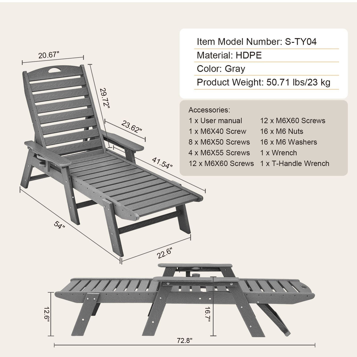 Chaise Lounge Chair, 450 lbs Weight Capacity, Adjustable Patio Lounge Chair for Outdoor with 6 Positions Backrest, HDPE Lounge Chair with Cup Holder for Pool Poolside Deck Backyard Lawn, Gray