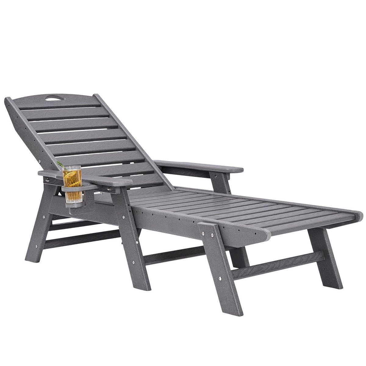 Chaise Lounge Chair, 450 lbs Weight Capacity, Adjustable Patio Lounge Chair for Outdoor with 6 Positions Backrest, HDPE Lounge Chair with Cup Holder for Pool Poolside Deck Backyard Lawn, Gray
