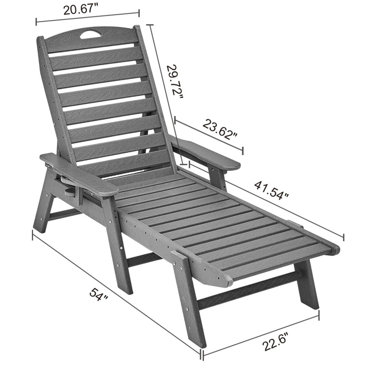 Chaise Lounge Chair, 450 lbs Weight Capacity, Adjustable Patio Lounge Chair for Outdoor with 6 Positions Backrest, HDPE Lounge Chair with Cup Holder for Pool Poolside Deck Backyard Lawn, Gray