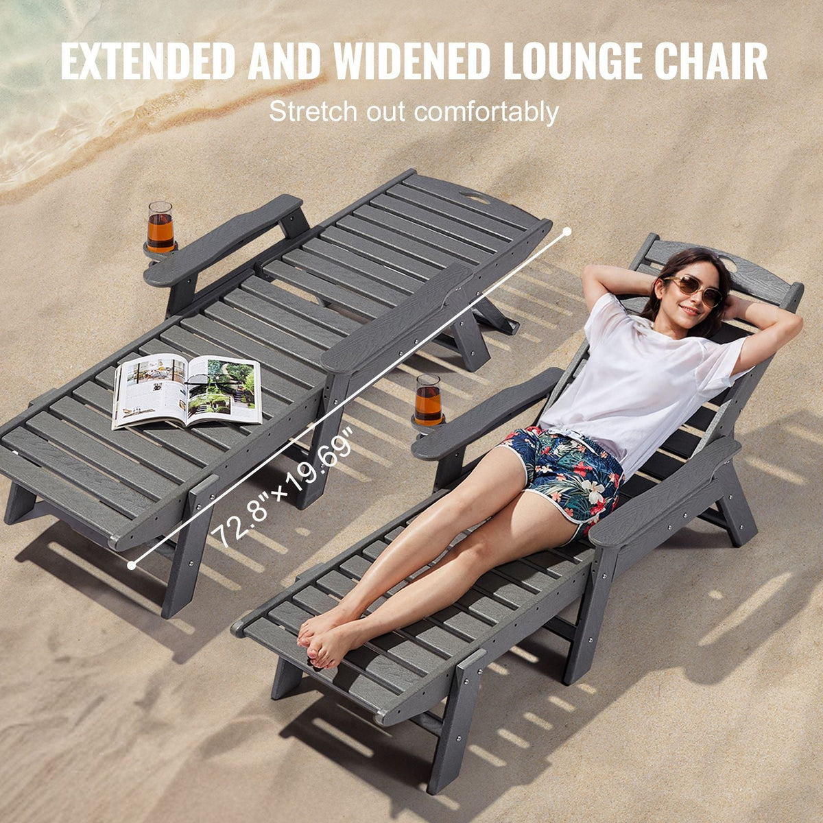 Chaise Lounge Chair, 450 lbs Weight Capacity, Adjustable Patio Lounge Chair for Outdoor with 6 Positions Backrest, HDPE Lounge Chair with Cup Holder for Pool Poolside Deck Backyard Lawn, Gray