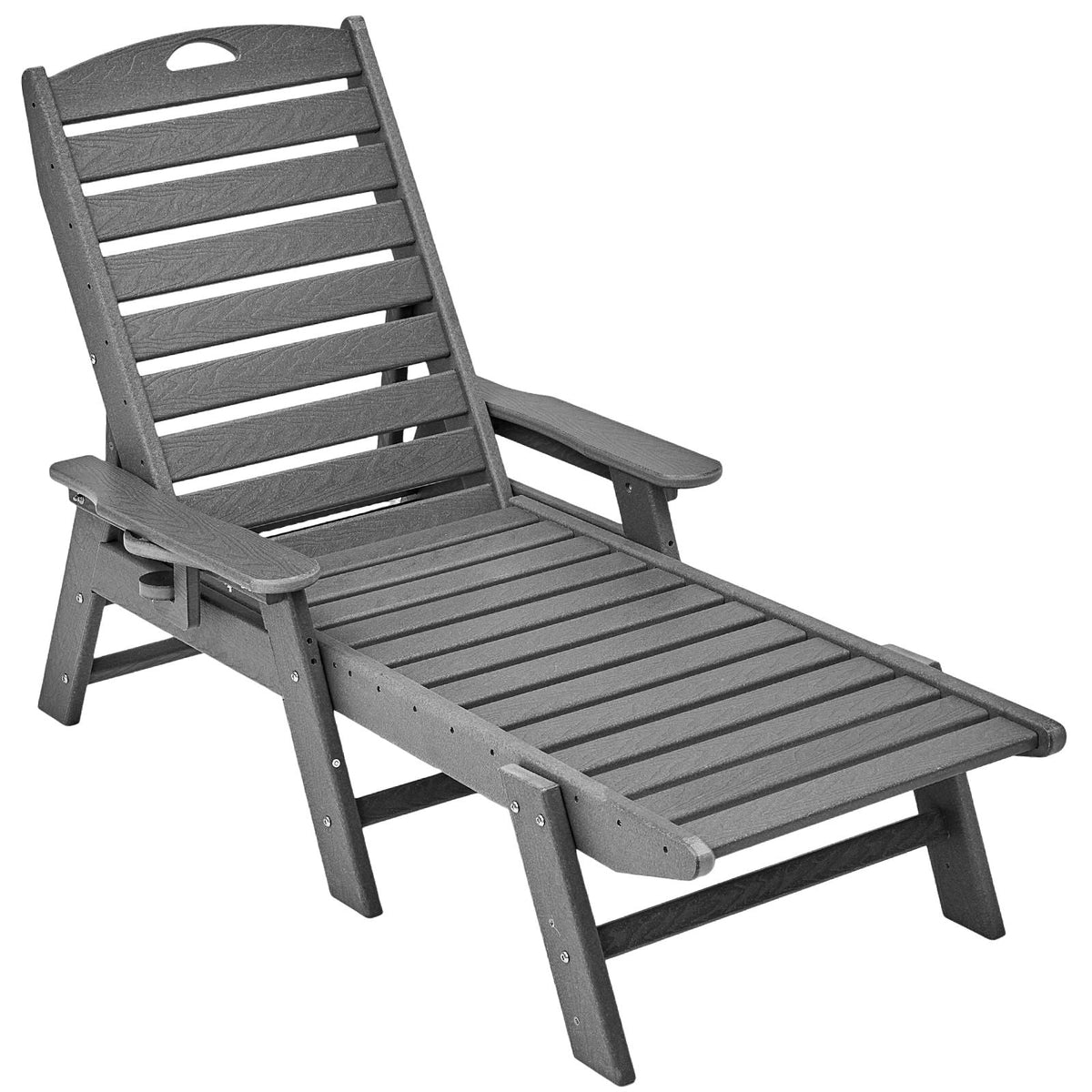 Chaise Lounge Chair, 450 lbs Weight Capacity, Adjustable Patio Lounge Chair for Outdoor with 6 Positions Backrest, HDPE Lounge Chair with Cup Holder for Pool Poolside Deck Backyard Lawn, Gray