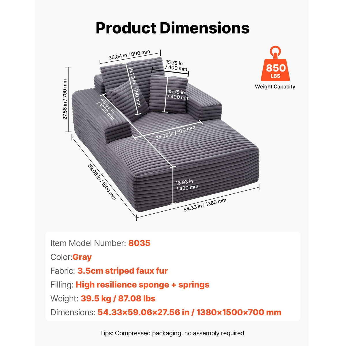 Chaise Lounge Chair, 54 in Boneless Chaise Lounge Indoor, Modern Upholstered Oversized Reading Chair with Throw Pillows & Armrests, Sofa Couch Deep Seat Sleeper for Living Room, Bedroom, Grey