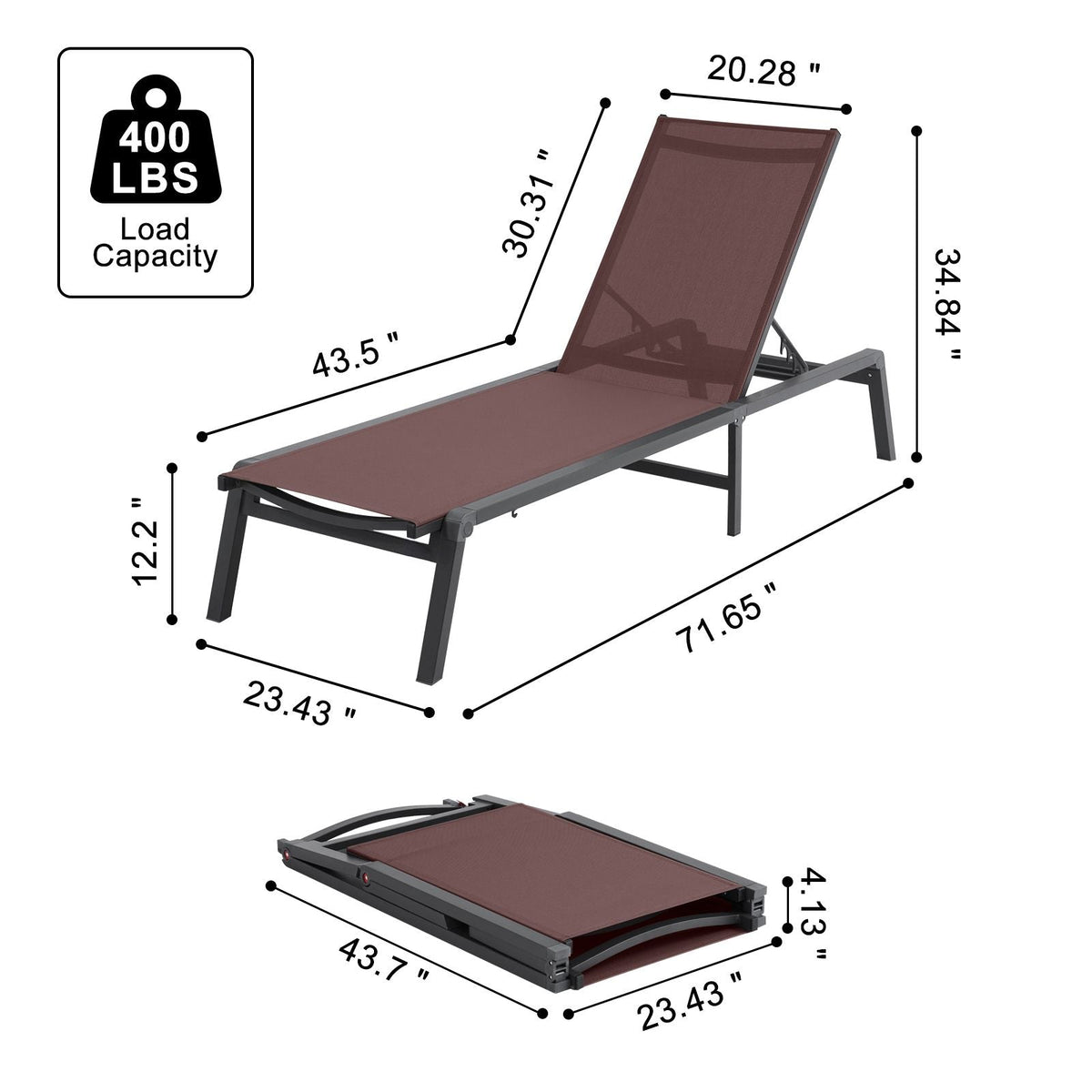 Chaise Lounge Chair Outdoor, Aluminum Patio Lounge Chair with Adjustable 5-Position, Folding Pool Lounge Chair Recliner and Full Flat Tanning Chair for Patio, Beach, Pool, Brown