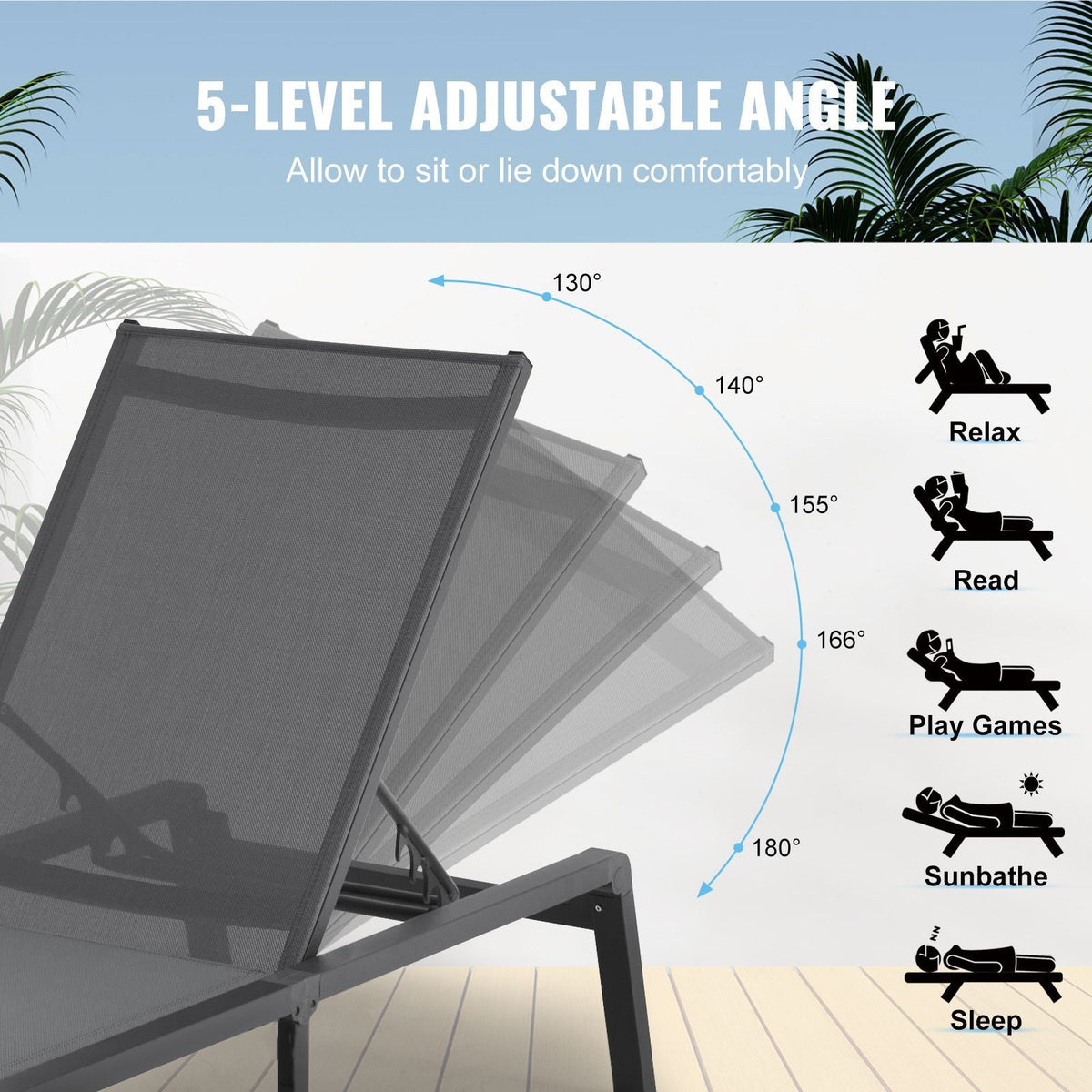 Chaise Lounge Chair Outdoor, Aluminum Patio Lounge Chair with Adjustable 5-Position, Folding Pool Lounge Chair Recliner and Full Flat Tanning Chair for Patio, Beach, Pool, Dark Grey