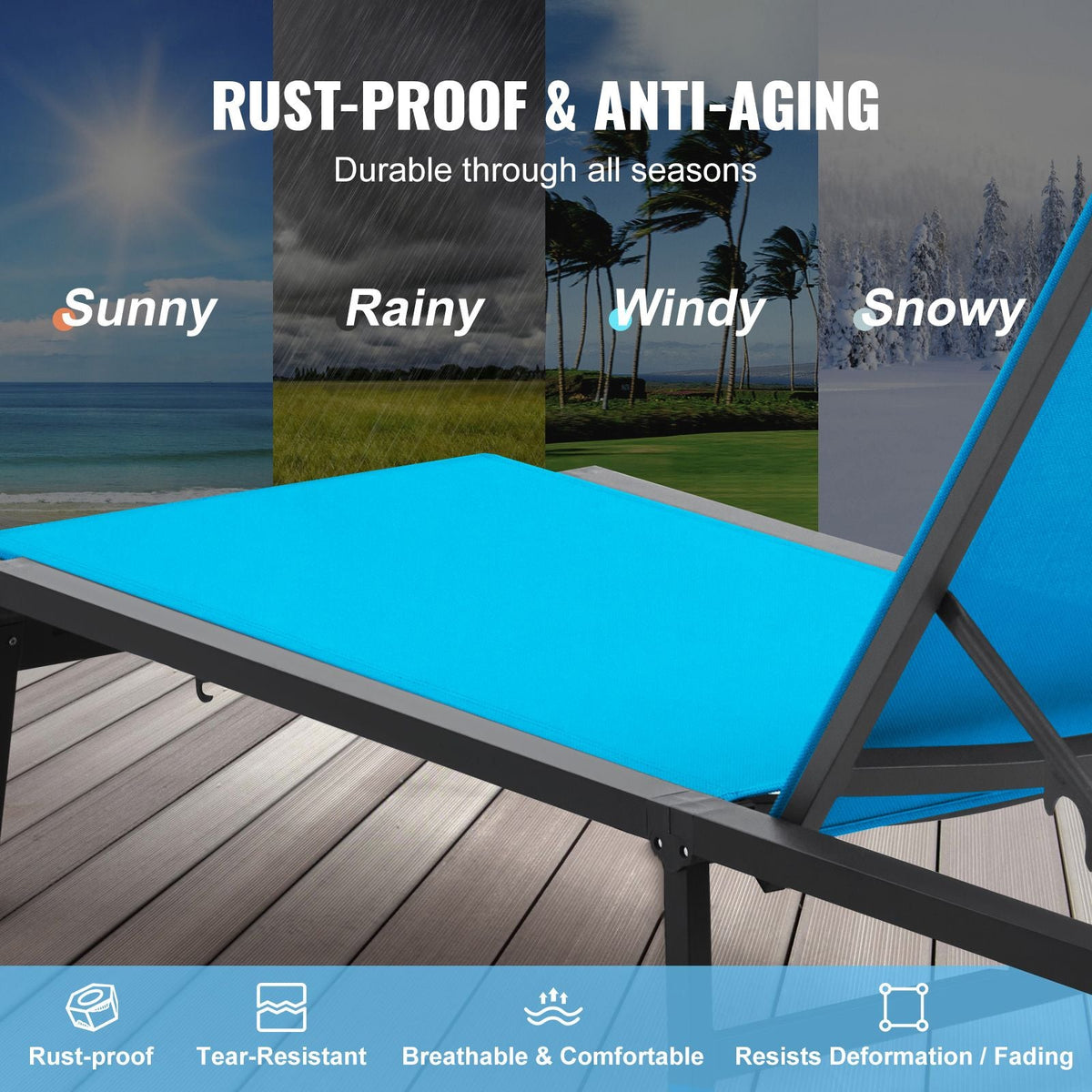 Chaise Lounge Chairs Outdoor, Aluminum Patio Lounge Chairs with Adjustable 5-Position, Folding Pool Lounge Chairs Recliner and Full Flat Tanning Chairs for Patio, Beach, Pool, Blue, 2 pcs
