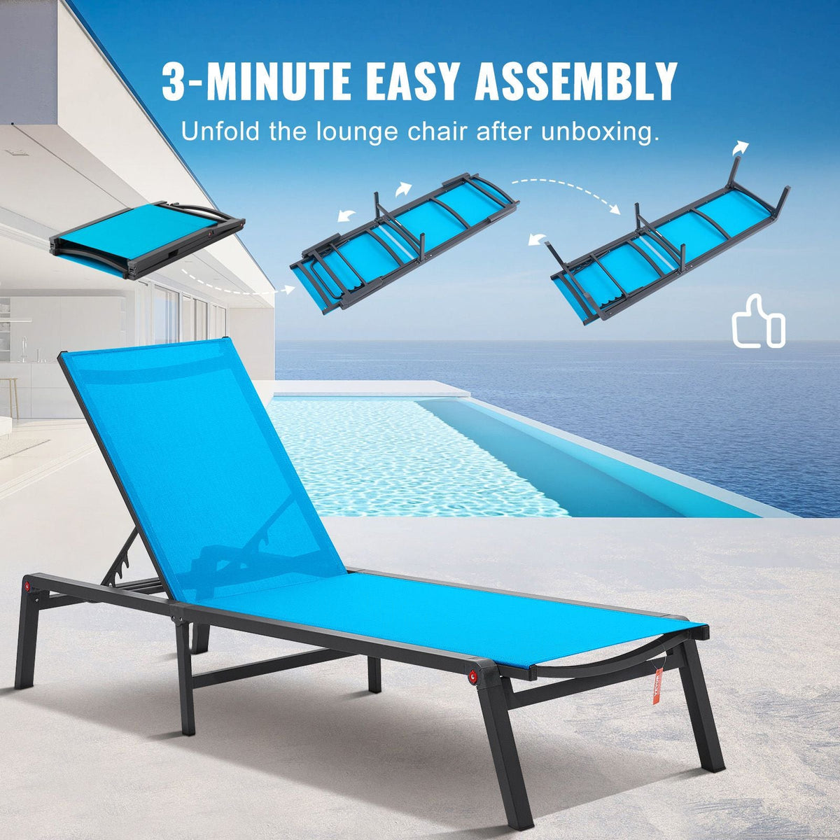 Chaise Lounge Chairs Outdoor, Aluminum Patio Lounge Chairs with Adjustable 5-Position, Folding Pool Lounge Chairs Recliner and Full Flat Tanning Chairs for Patio, Beach, Pool, Blue, 2 pcs