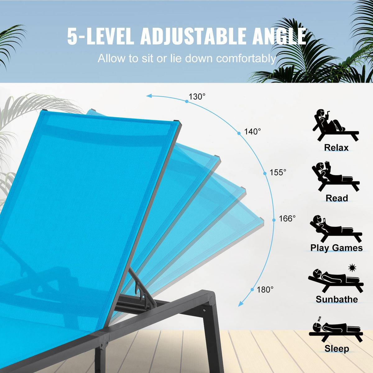 Chaise Lounge Chairs Outdoor, Aluminum Patio Lounge Chairs with Adjustable 5-Position, Folding Pool Lounge Chairs Recliner and Full Flat Tanning Chairs for Patio, Beach, Pool, Blue, 2 pcs