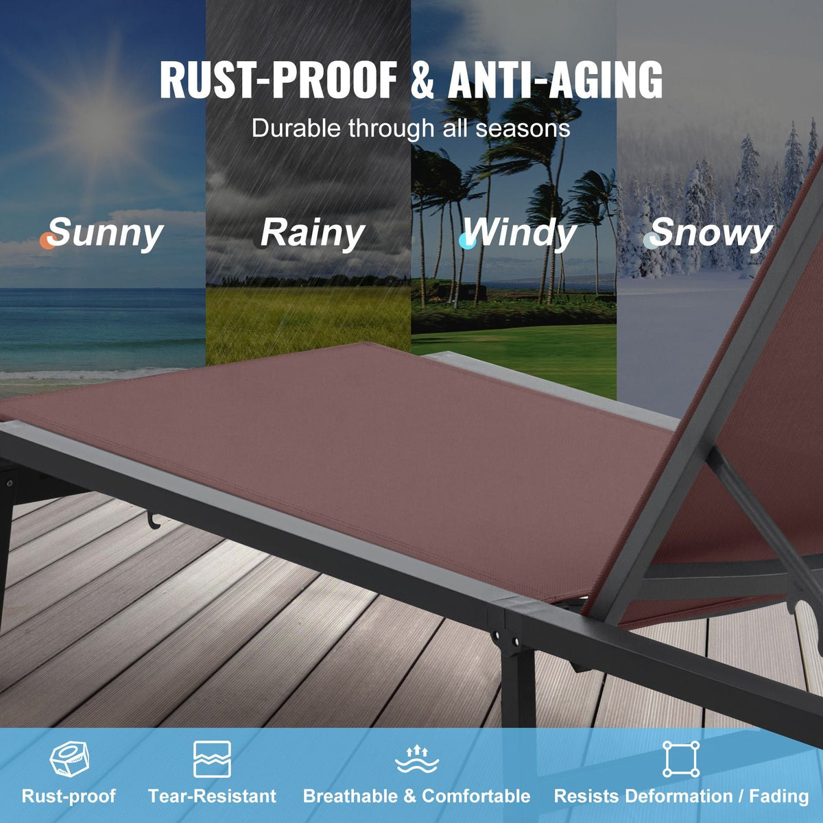Chaise Lounge Chairs Outdoor, Aluminum Patio Lounge Chairs with Adjustable 5-Position, Folding Pool Lounge Chairs Recliner and Full Flat Tanning Chairs for Patio, Beach, Pool, Brown, 2 pcs