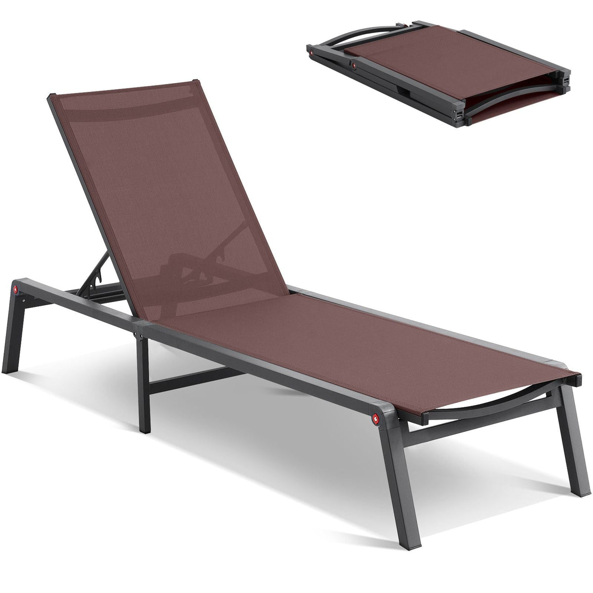 Chaise Lounge Chairs Outdoor, Aluminum Patio Lounge Chairs with Adjustable 5-Position, Folding Pool Lounge Chairs Recliner and Full Flat Tanning Chairs for Patio, Beach, Pool, Brown, 2 pcs