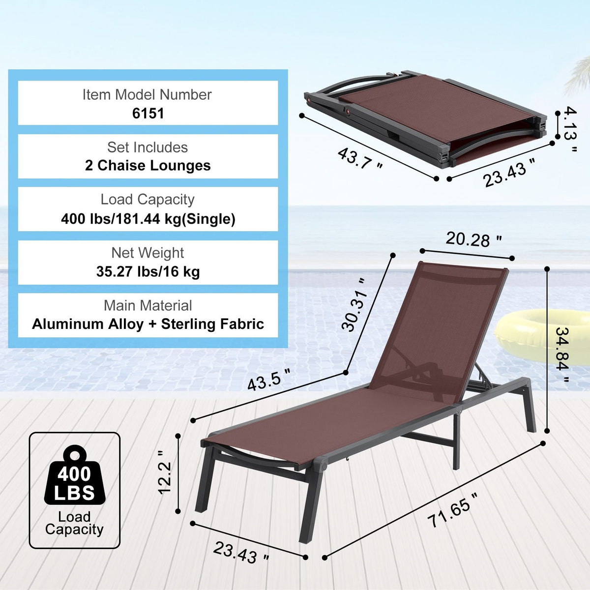 Chaise Lounge Chairs Outdoor, Aluminum Patio Lounge Chairs with Adjustable 5-Position, Folding Pool Lounge Chairs Recliner and Full Flat Tanning Chairs for Patio, Beach, Pool, Brown, 2 pcs